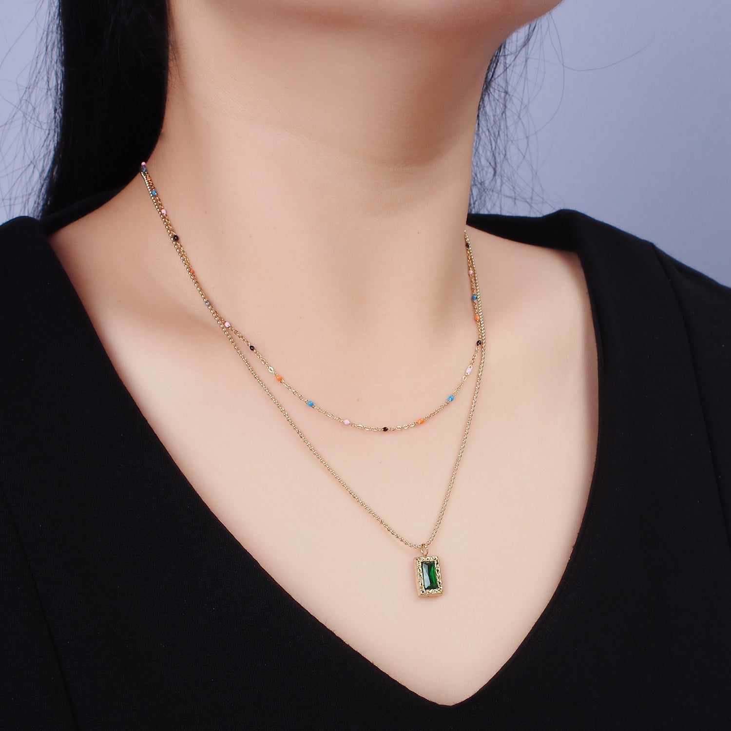 Stainless Steel Green Baguette Hammered Bead Enamel Satellite Double Layer Stack Necklace | WA-2066 - DLUXCA