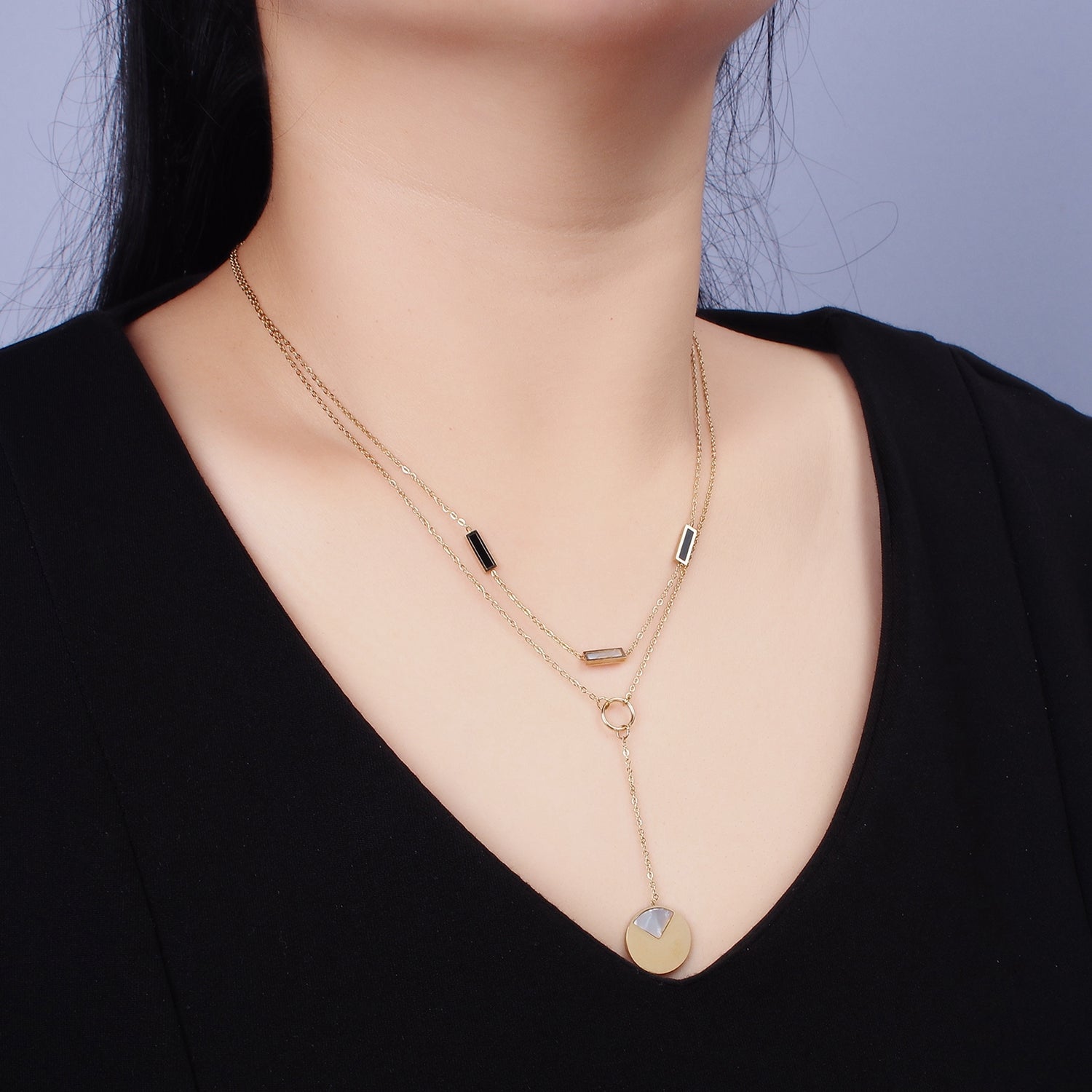 Stainless Steel Geometric Shell Pearl, Black Bar Lariat Round Pearl Cable Double Layer Stack Necklace | WA-2083 - DLUXCA