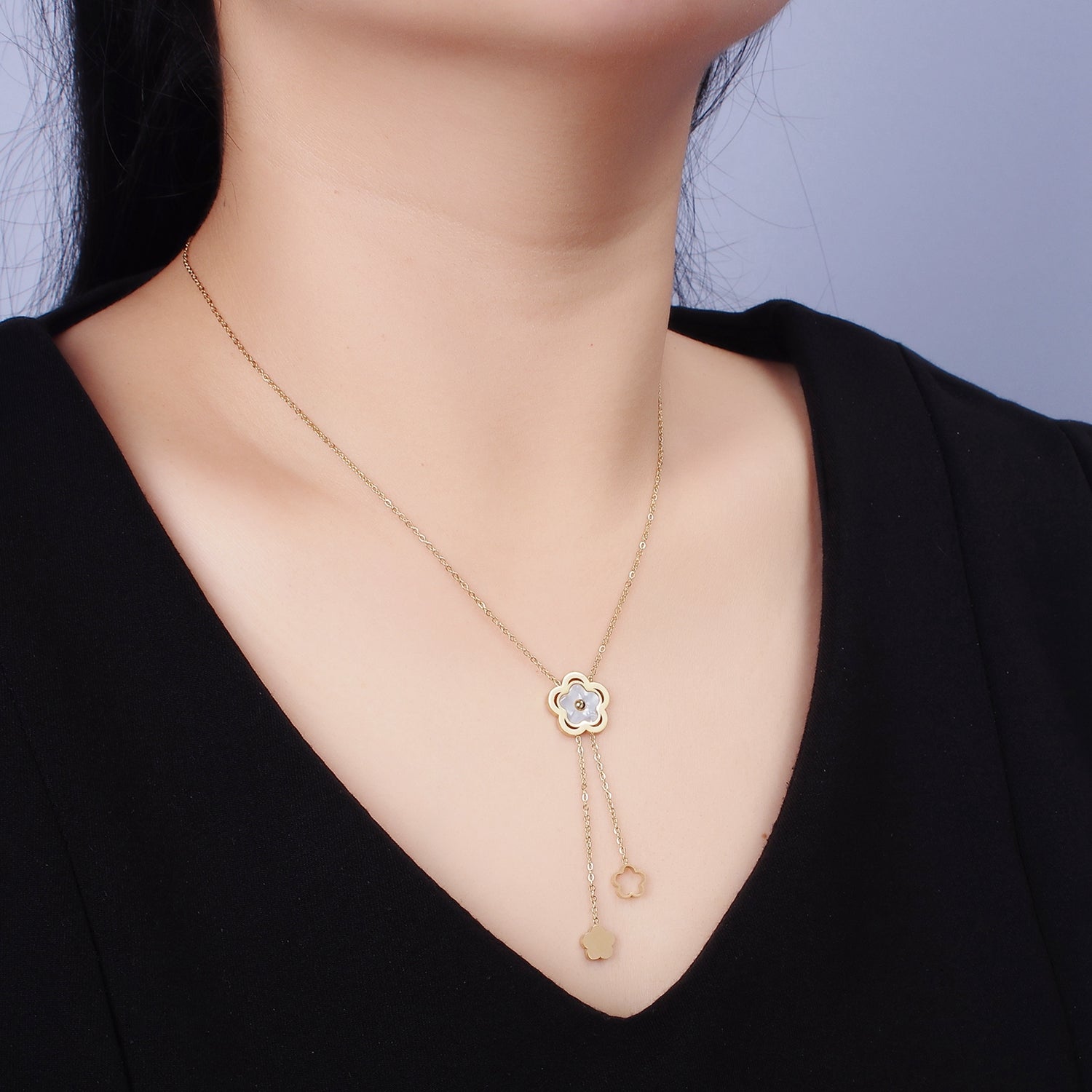 Stainless Steel Shell Pearl Open Flower Double Lariat 17 Inch Chain Necklace | WA-2085 - DLUXCA