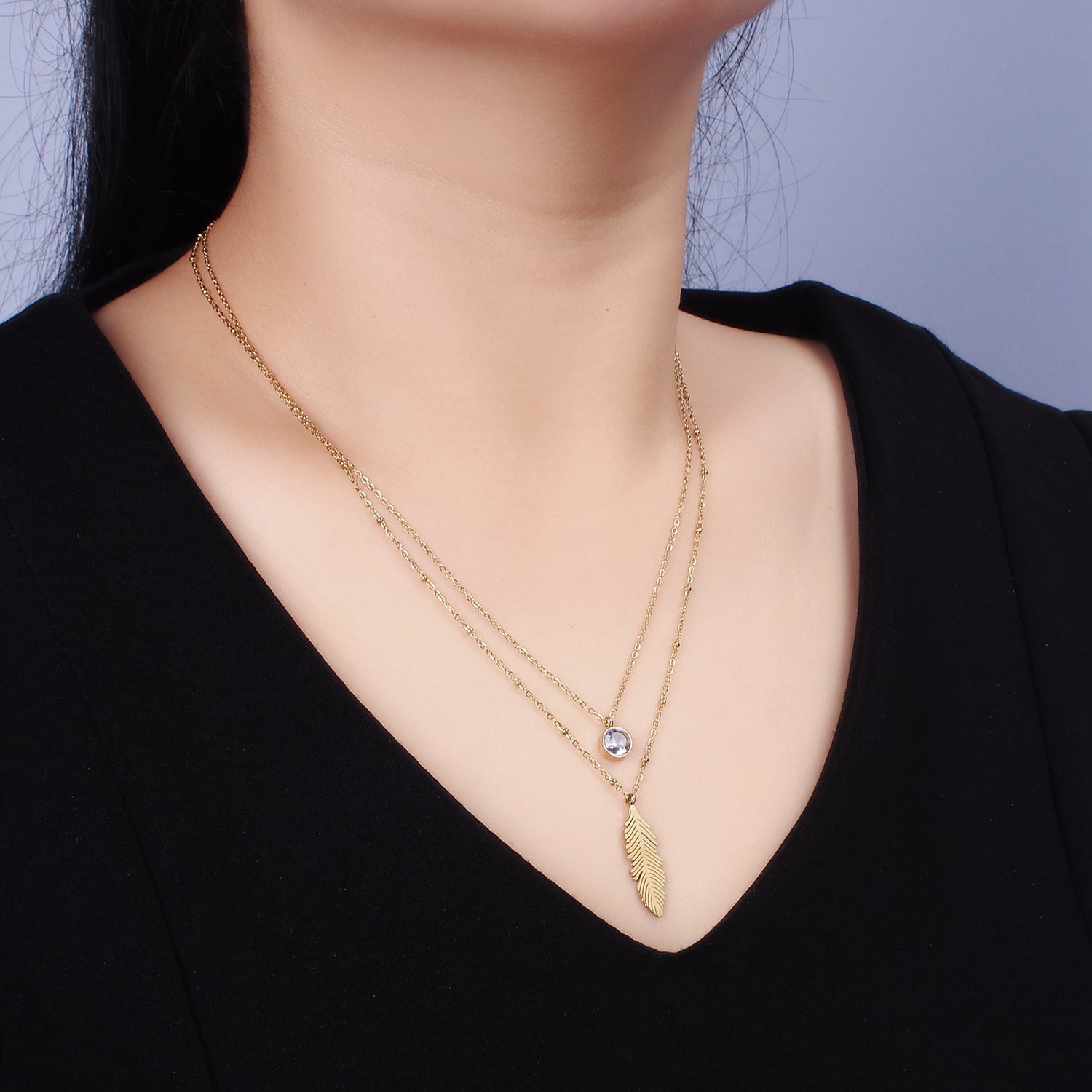 Stainless Steel Clear CZ Feather Cable Satellite Double Layer Chain Stack Necklace | WA-2086 - DLUXCA