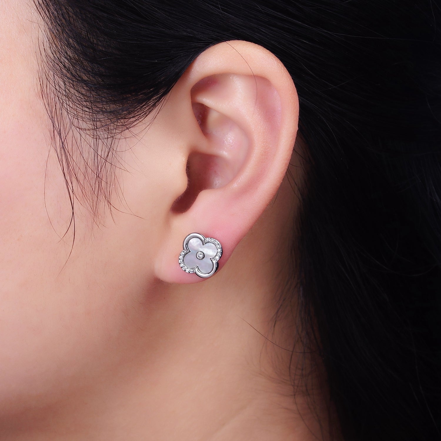 16K Gold Filled 12mm Shell Pearl Quatrefoil Clover Micro Paved CZ Stud Earrings in Gold & Silver | AB1535 AB1536