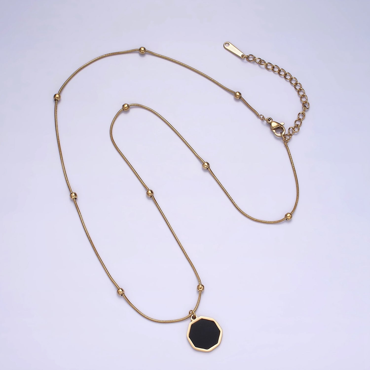 Stainless Steel Black Hexagonal Charm 17 Inch Satellite Snake Chain Necklace | WA-2035 - DLUXCA