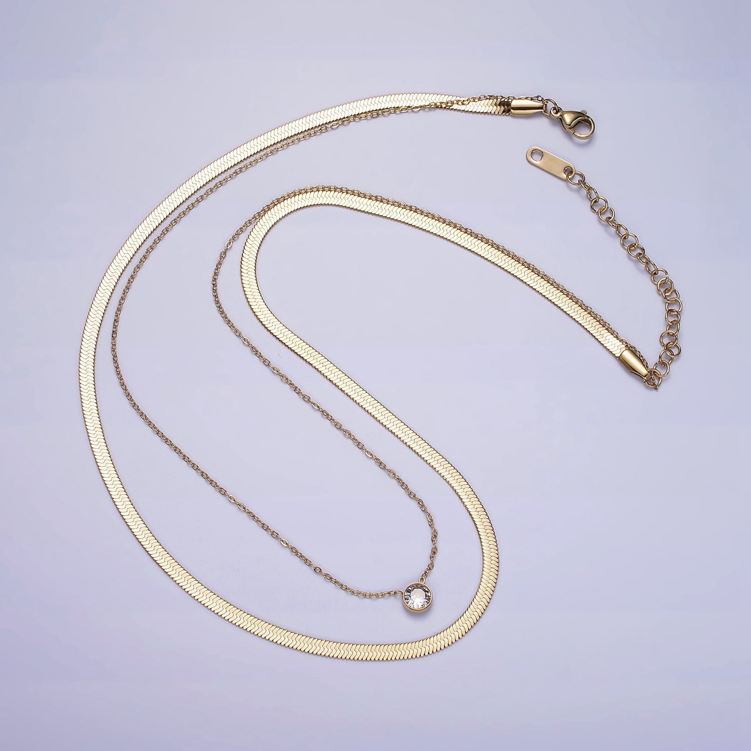 Stainless Steel Clear Round CZ 3mm Herringbone 1mm Cable Double Layer Chain Stack Necklace | WA-2037 - DLUXCA