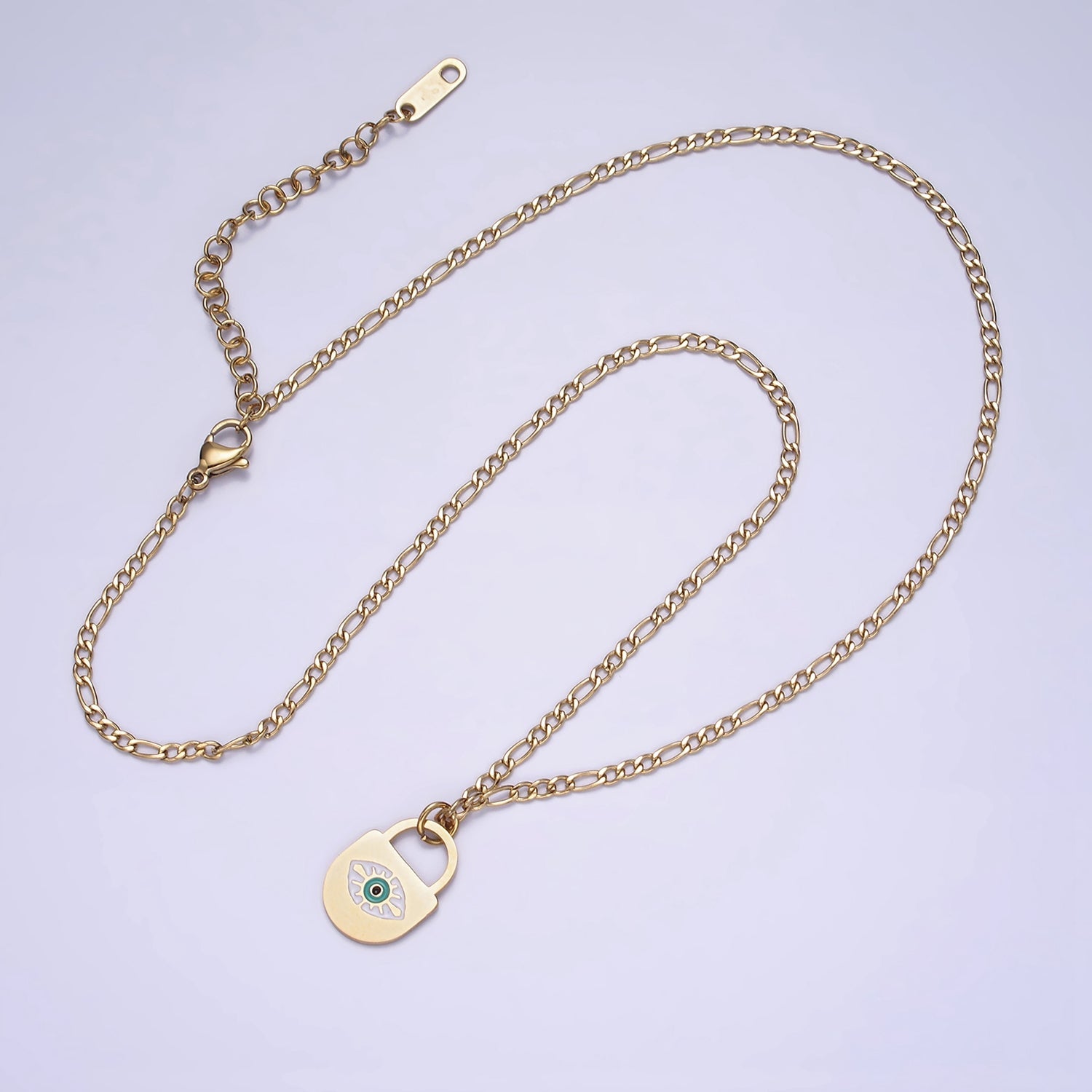 Stainless Steel Evil Eye Splatter Enamel Lock Layering 17 Inch Figaro Chain Necklace | WA-2045 - DLUXCA