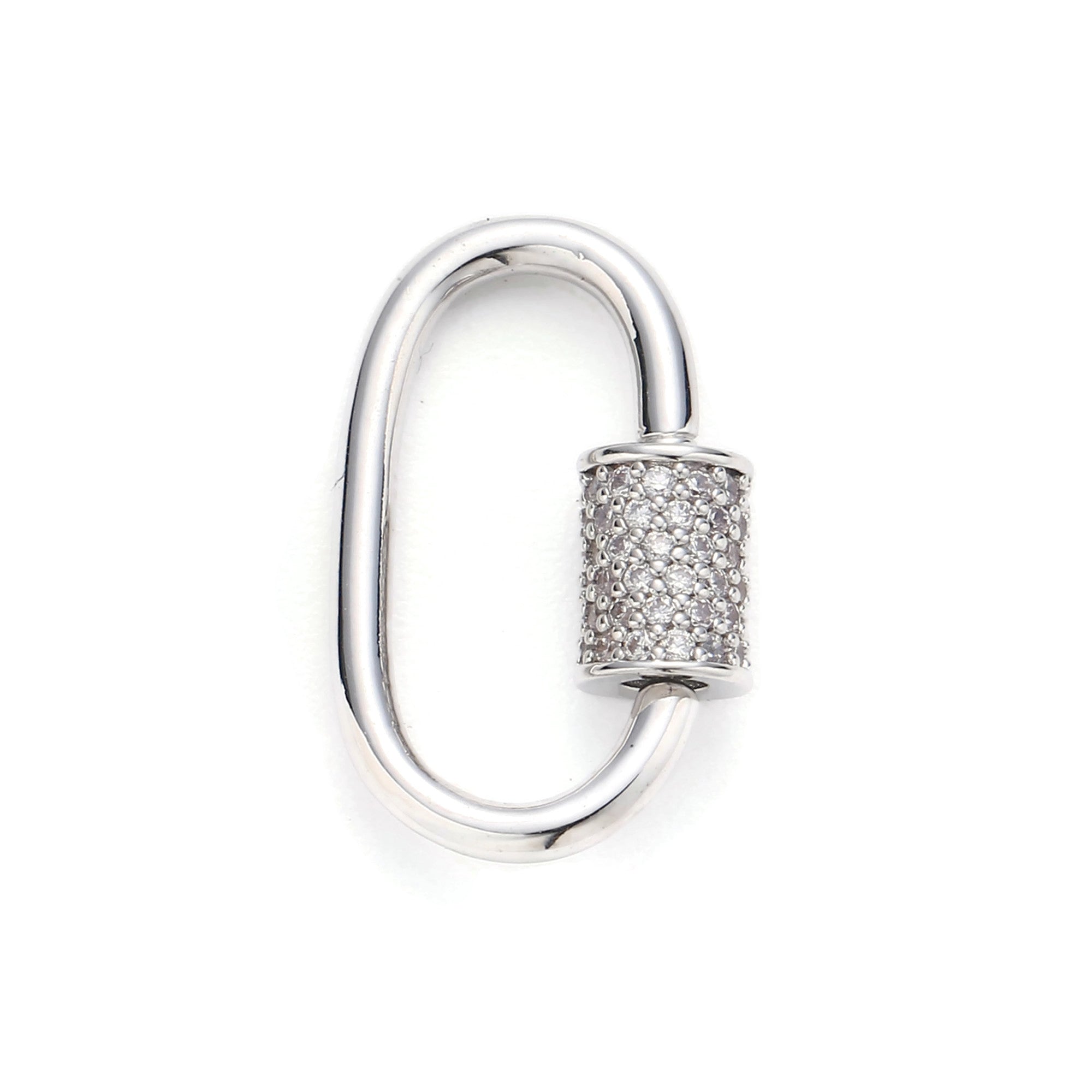 Silver Paperclip Carabiner, Circle Screw Clasp with Cubic Zirconia