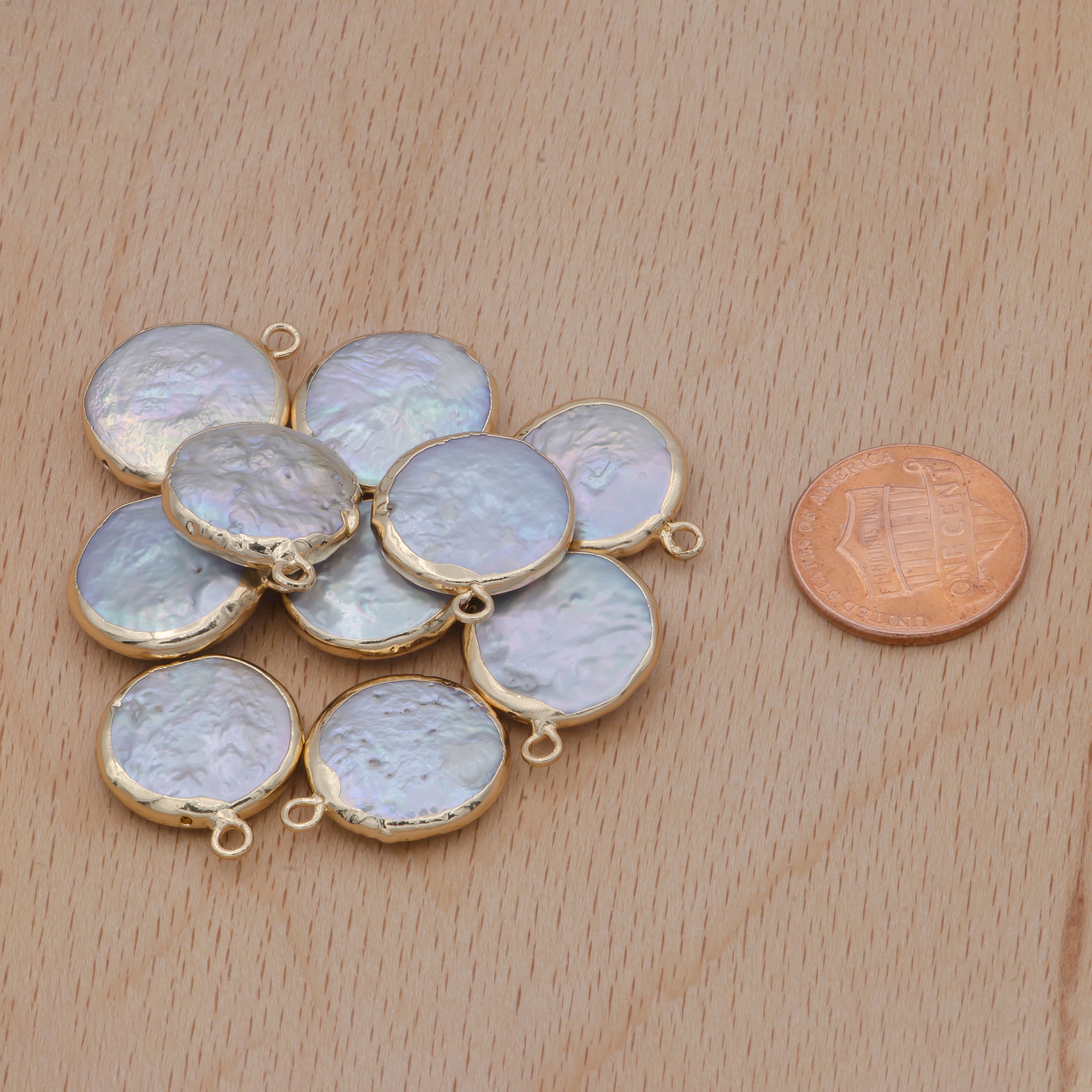 Natural Coin Pearl Charm 18mm Irregular Pearl Connector, Freeform Fresh Water Pearl Charm, Gold Plated Edged Pearl Jewelry Bulk - DLUXCA