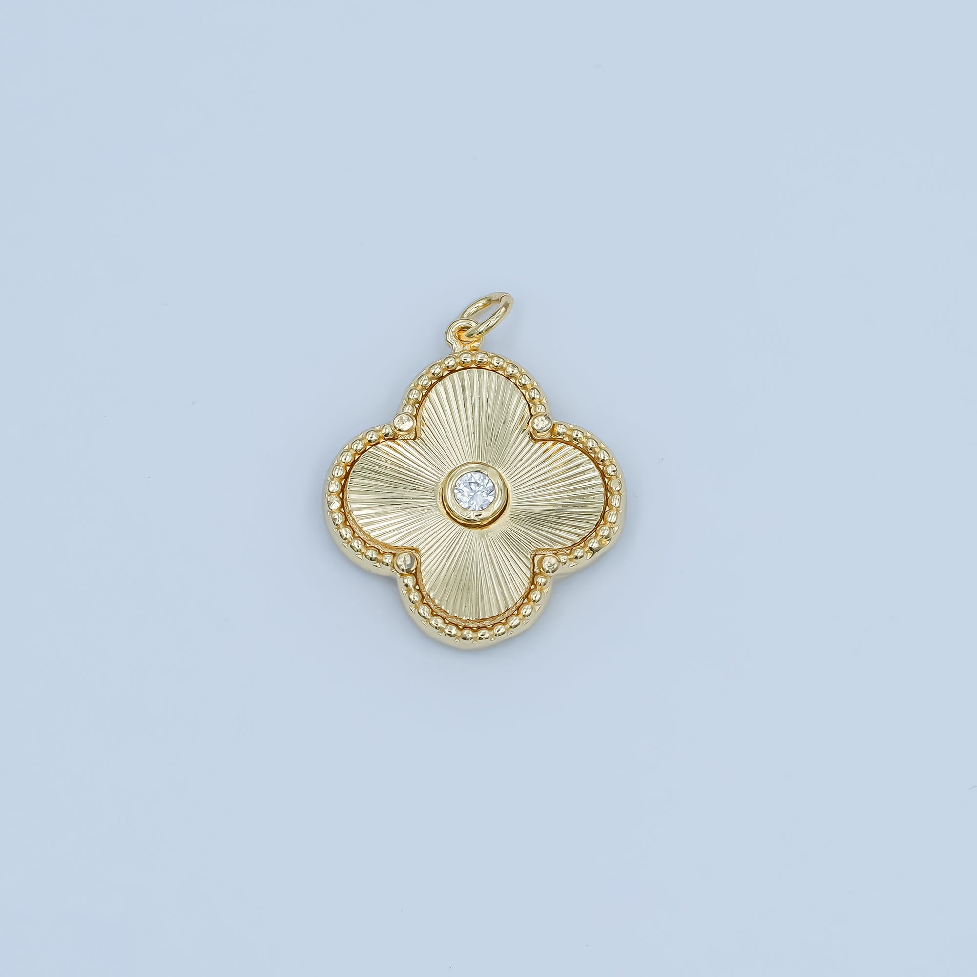 24K Gold Filled Clover Sunburst Pattern CZ Charm | M-186