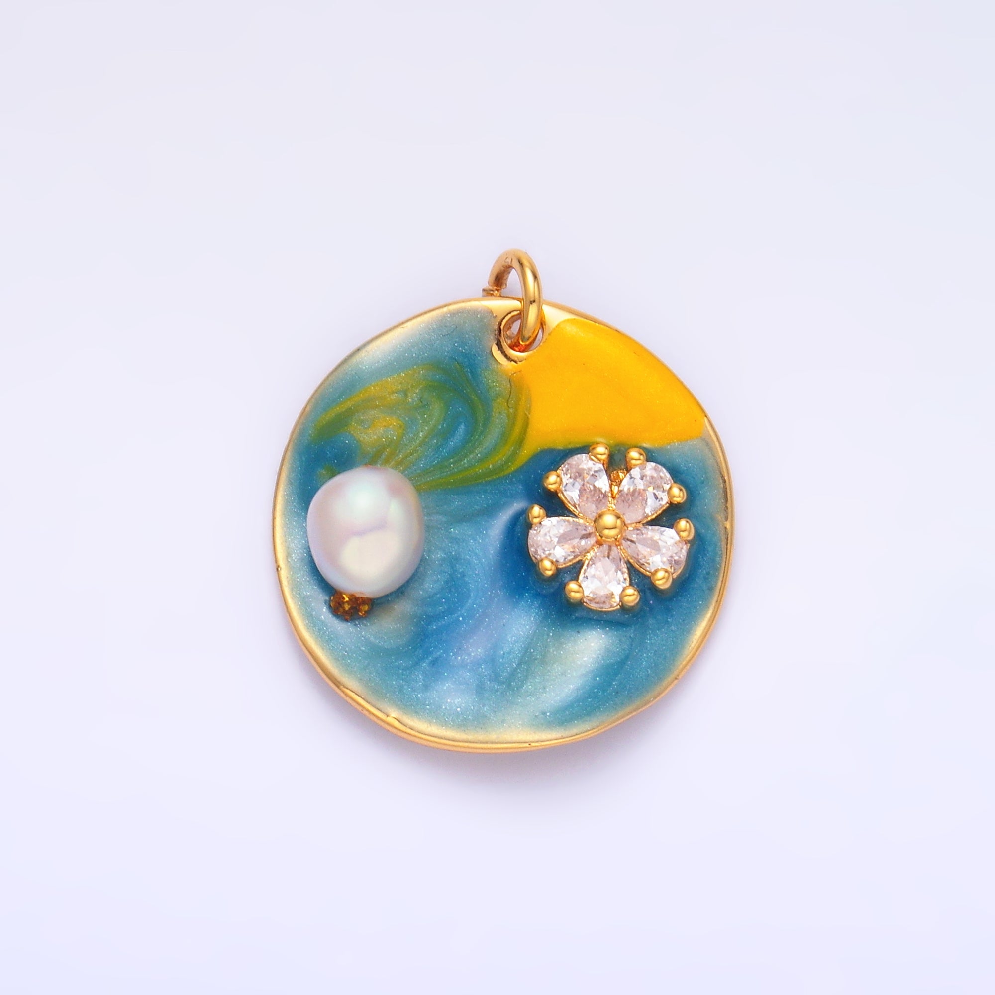 Ombre Gold Coin Charm enamel with pearl beads 24k Gold Filled M-259