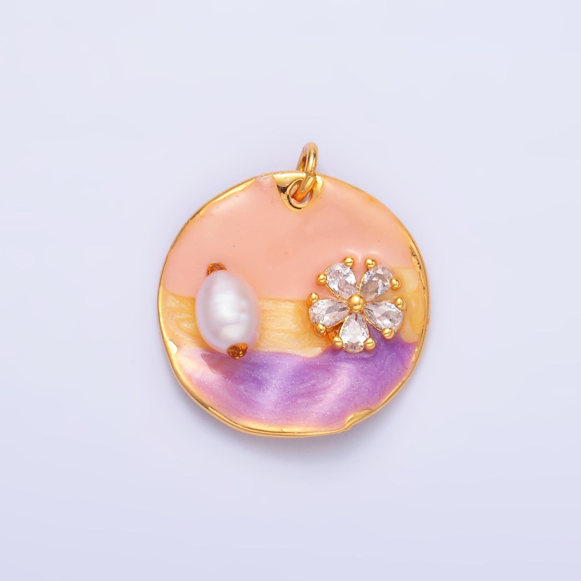 Ombre Gold Coin Charm enamel with pearl beads 24k Gold Filled M-259