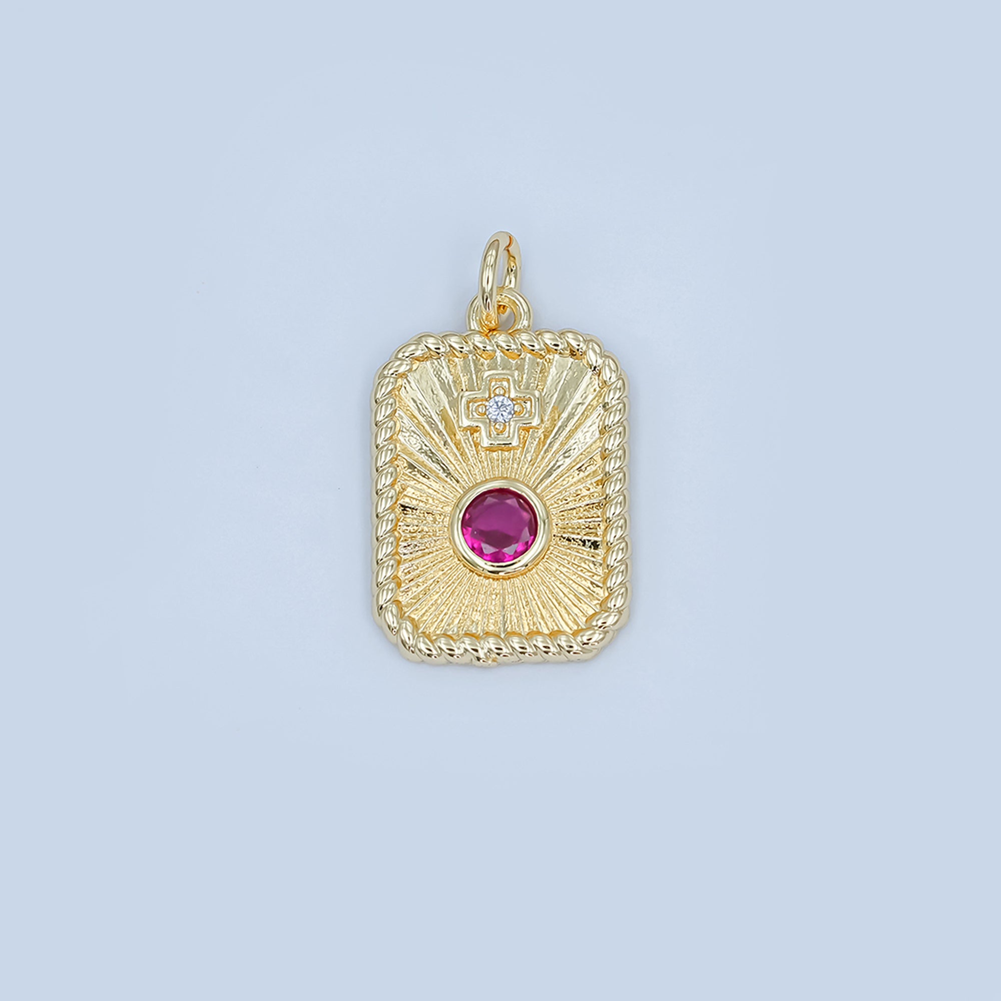24K Gold Filled Cross Red CZ Sunburst Twisted Bezel Charm | M625