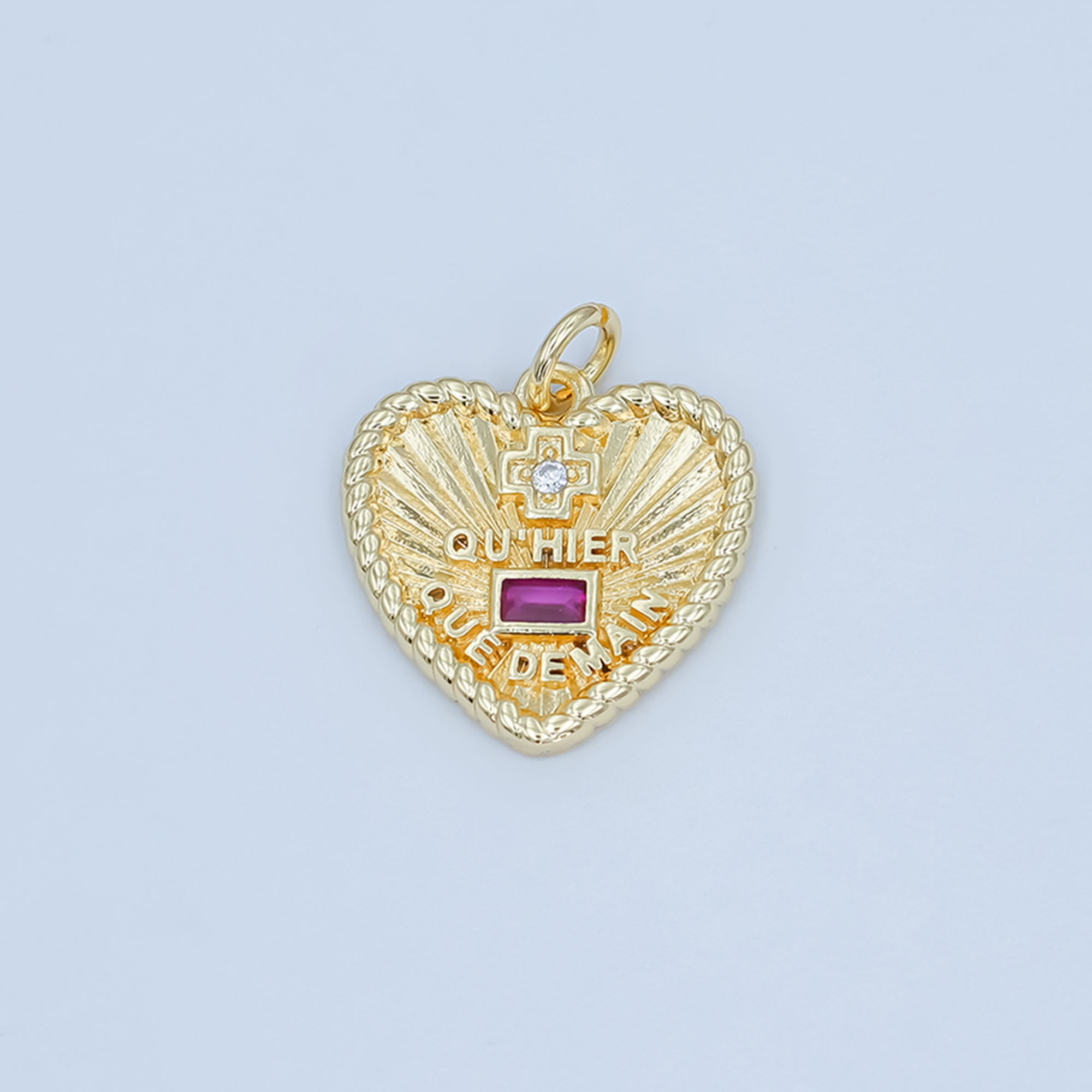 24K Gold Filled Augis Love French "Qu'hier Que Demain" CZ Sunburst Heart Charm | M626