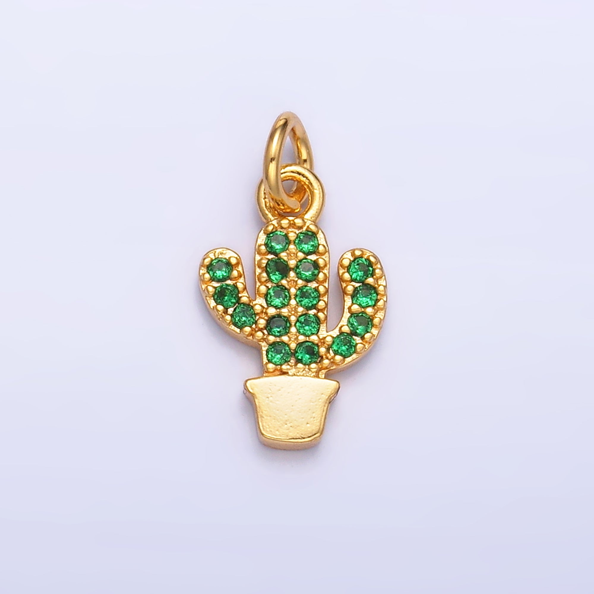 24K Gold Filled Green Micro Paved CZ Cactus Plant Charm in Gold & Silver | M709