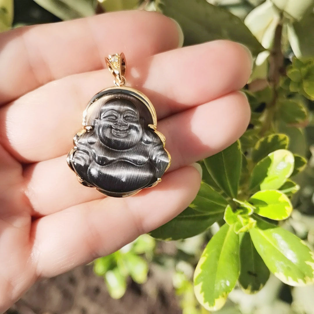 Black Natural Stone Buddha Jade Gold Filled Pendant - O170 - DLUXCA
