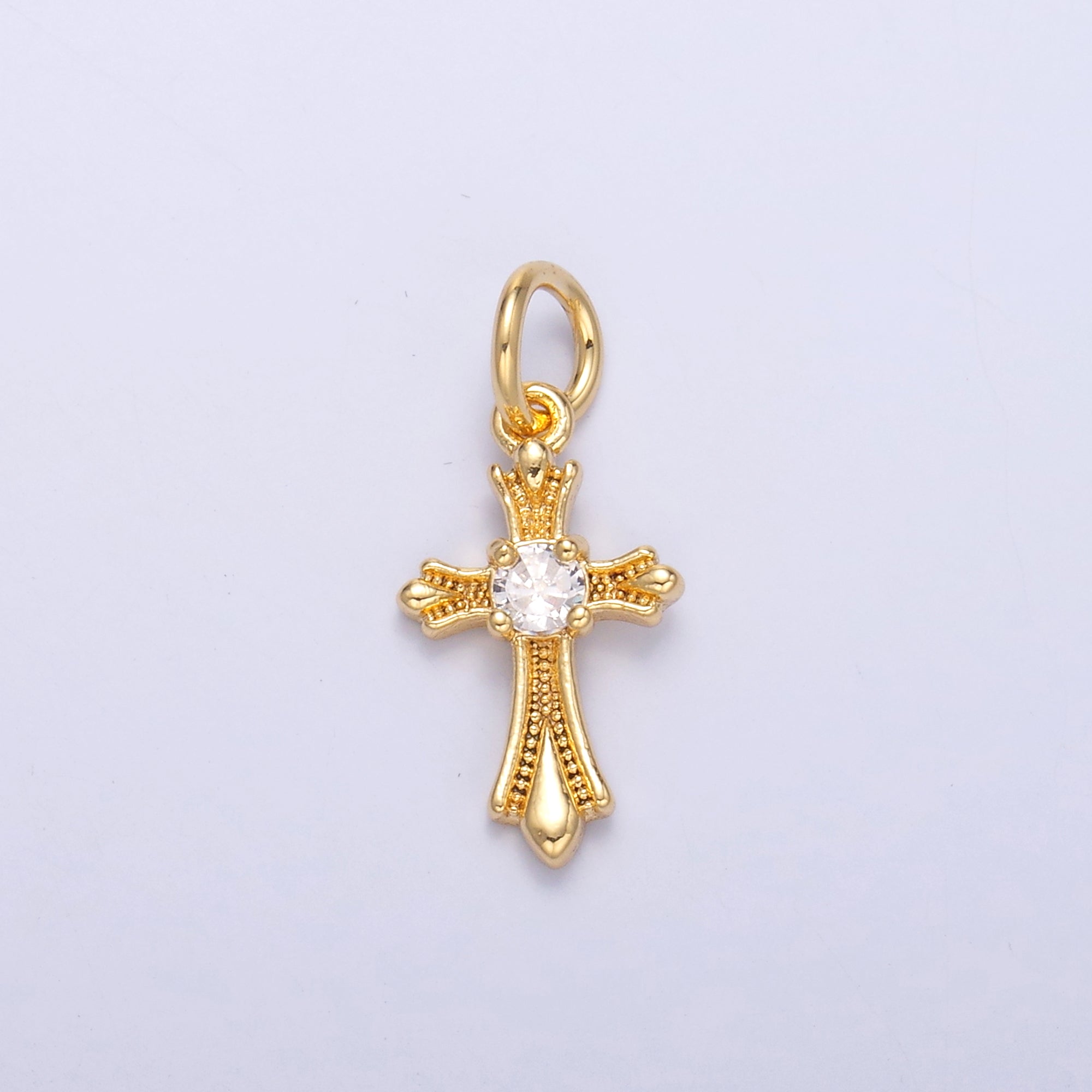 24K Gold Filled CZ Fleur Cross Religious Charm in Gold & Silver | N002