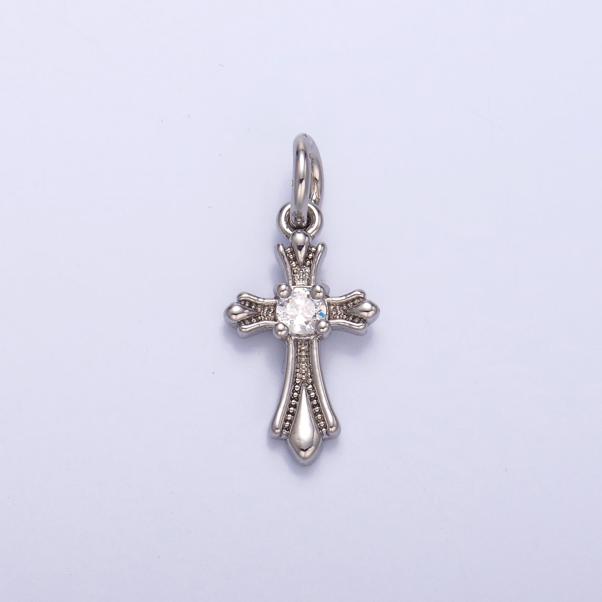 24K Gold Filled CZ Fleur Cross Religious Charm in Gold & Silver | N002