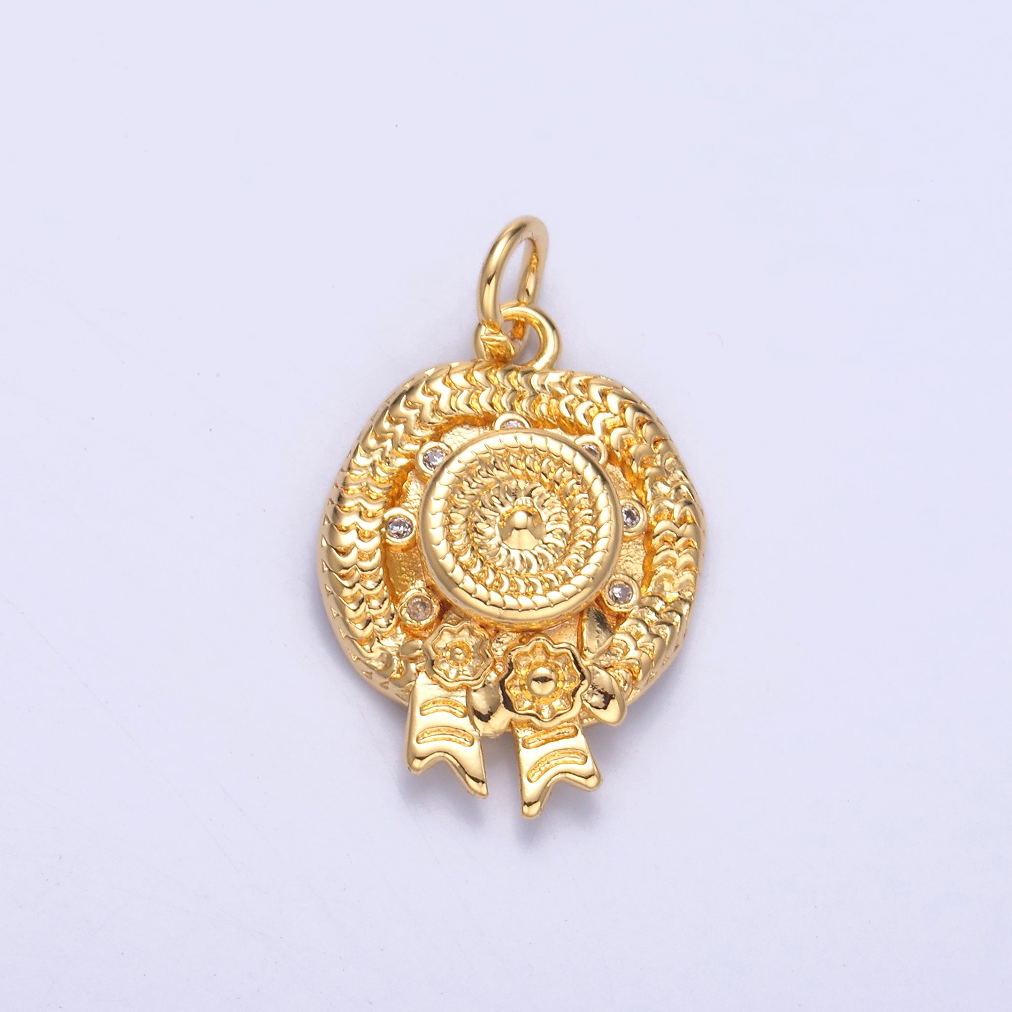 24K Gold Filled Clear CZ Flower Woven Beach Hat Charm in Gold & Silver | N015