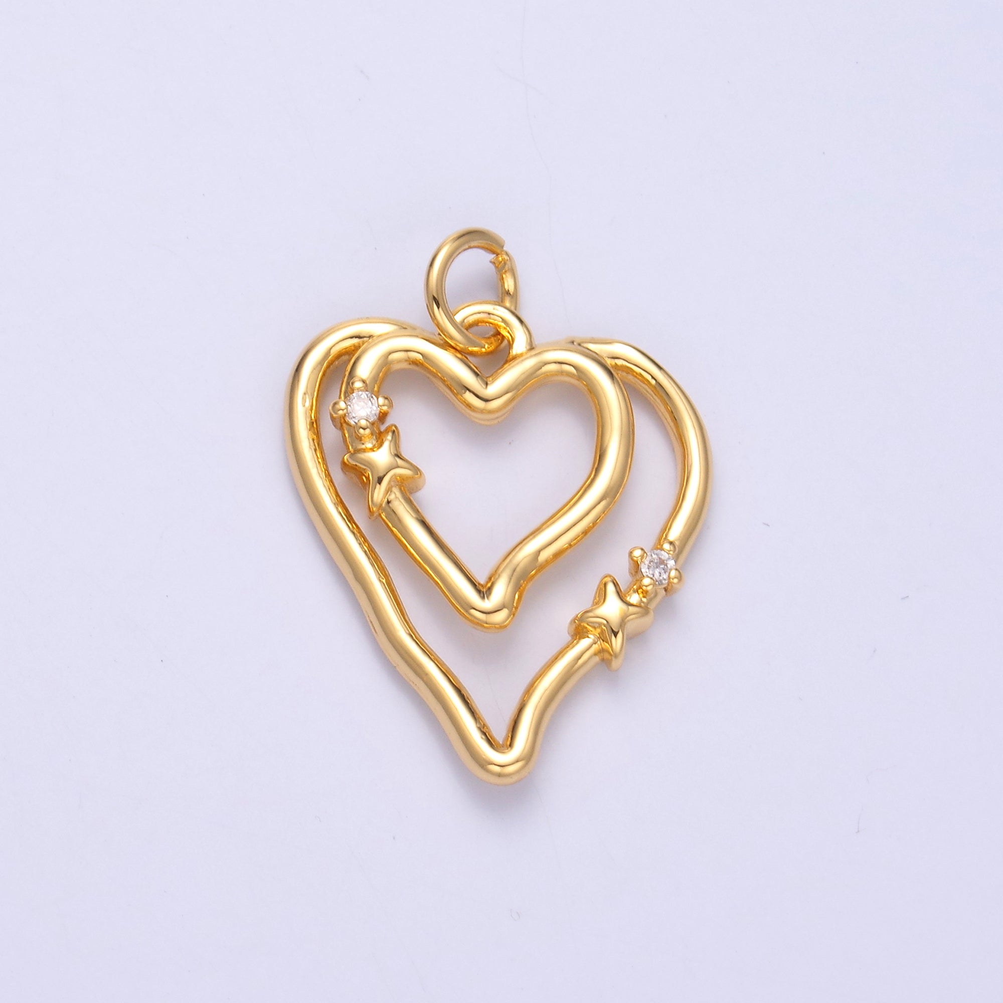 24K Gold Filled CZ Star Heart Double Band Charm in Gold & Silver | N016