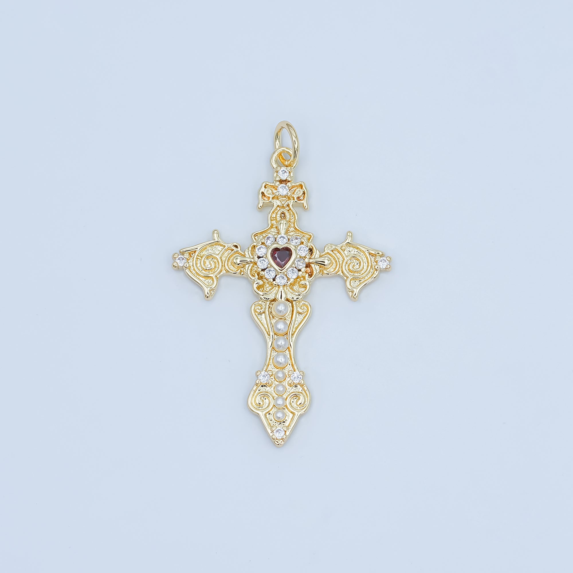 24K Gold Filled Red CZ Heart Shell Pearl Passion Cross Charm | N032