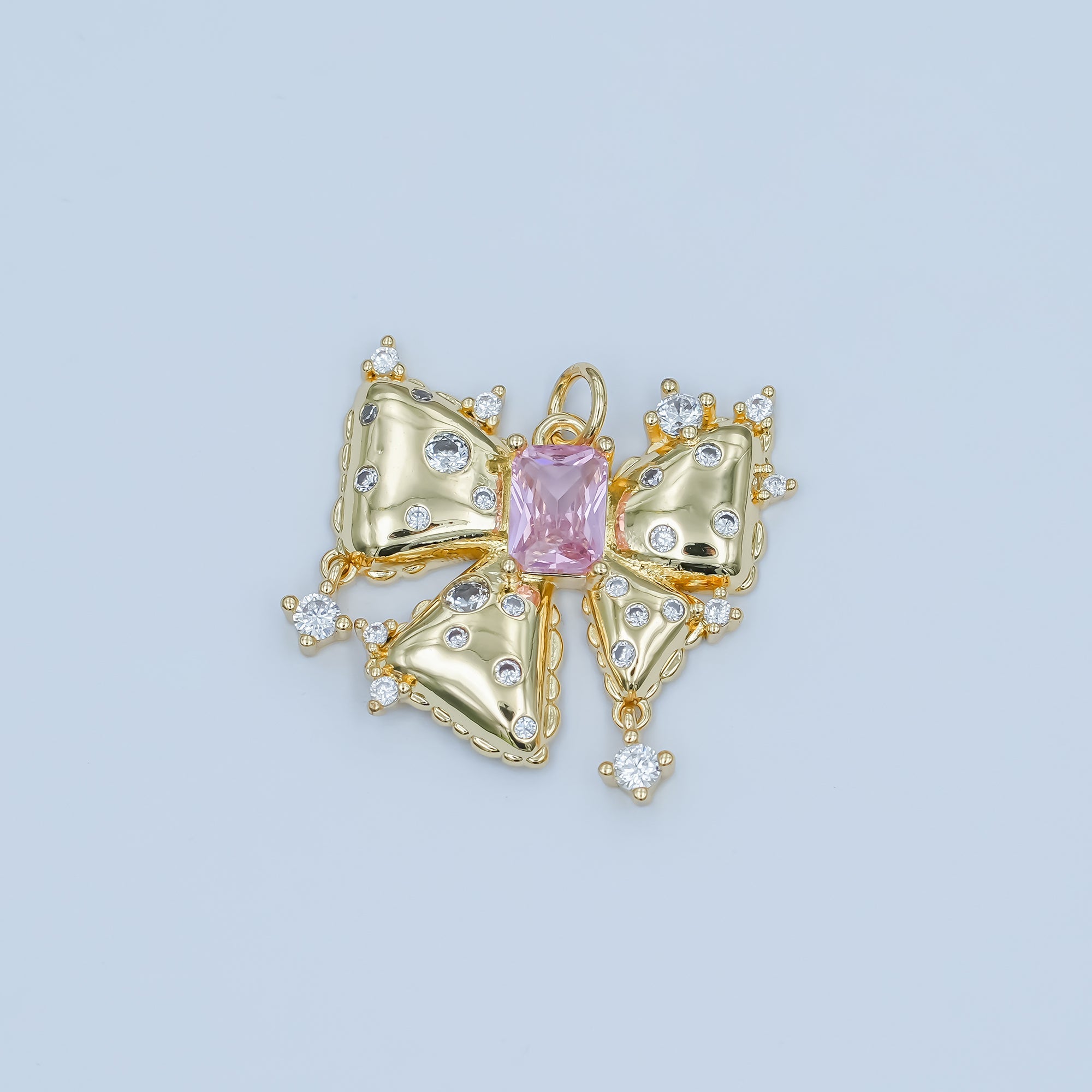 24K Gold Filled Pink Baguette CZ Dotted Ribbon Bow Charm | N040