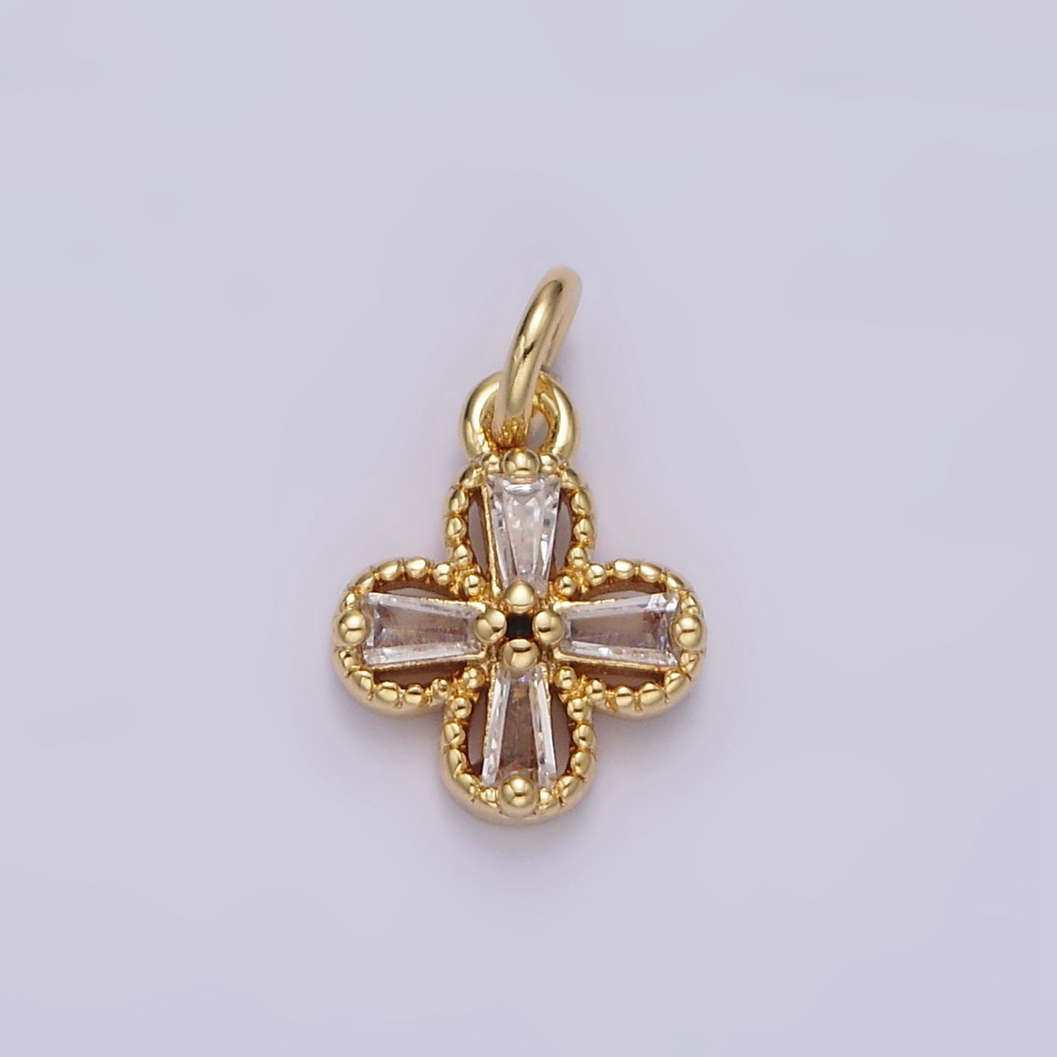 14K Gold Filled Clear Baguette Open Beaded Quatrefoil Clover Mini Add-On Charm in Gold & Silver | N1093 N1138