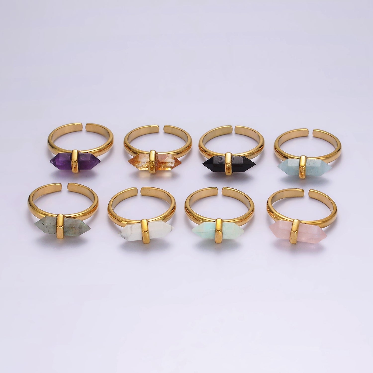 14K Gold Filled Pointed Wand Citrine, Rose Quartz, Aquamarine, Amazonite, Howlite, Amethyst, Labradorite, Onyx Ring | O1043 - O1050 - DLUXCA