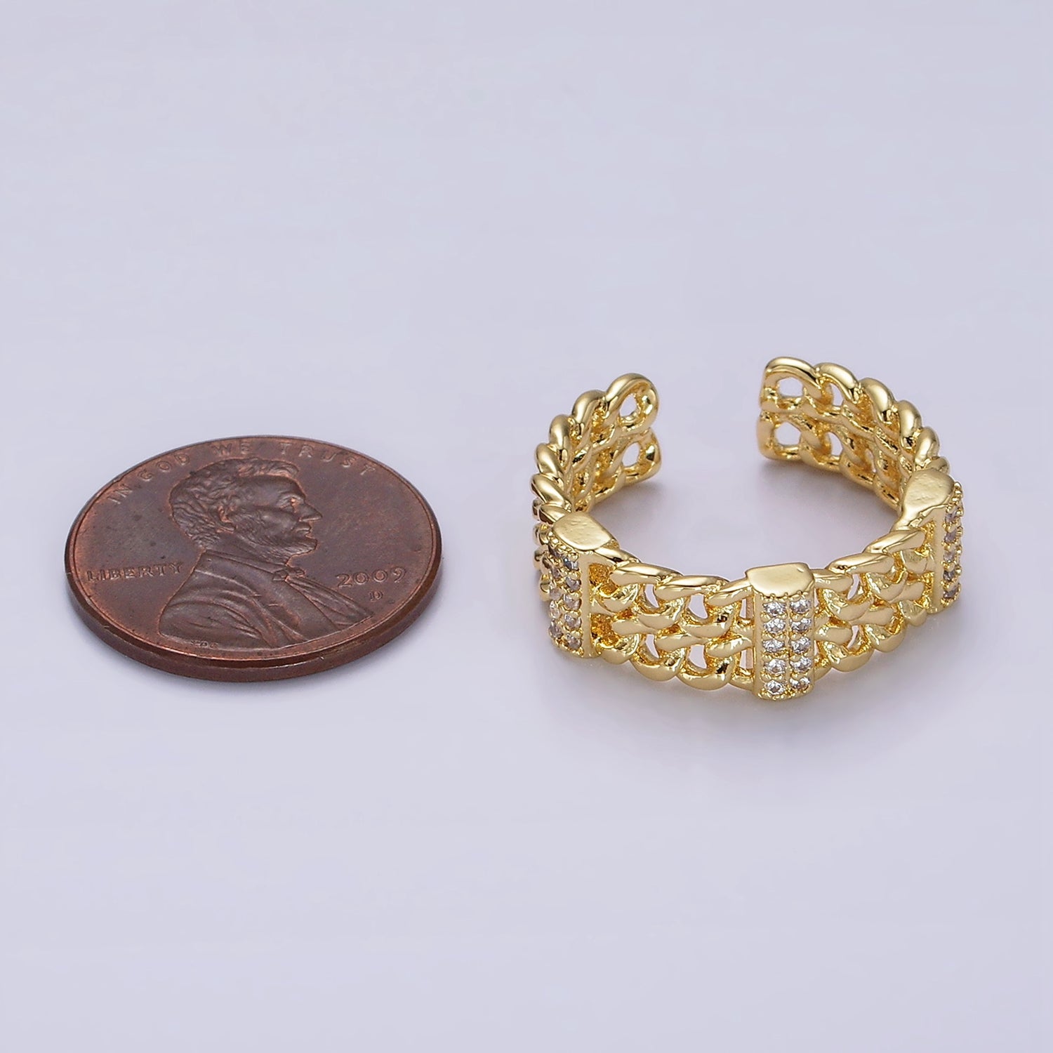 14K Gold Filled Double Curb Chain Link Micro Paved Bar Ring | O1051 - DLUXCA