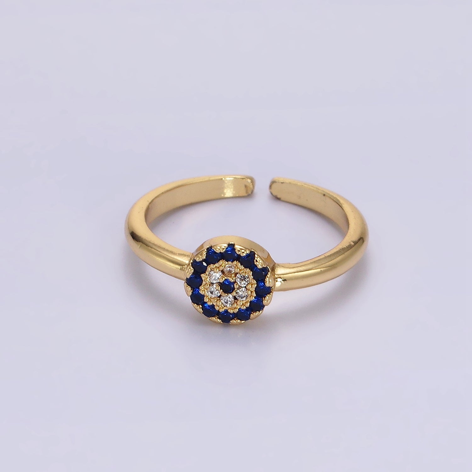 16K Gold Filled Blue Micro Paved CZ Round Evil Eye Ring | O1052 - DLUXCA