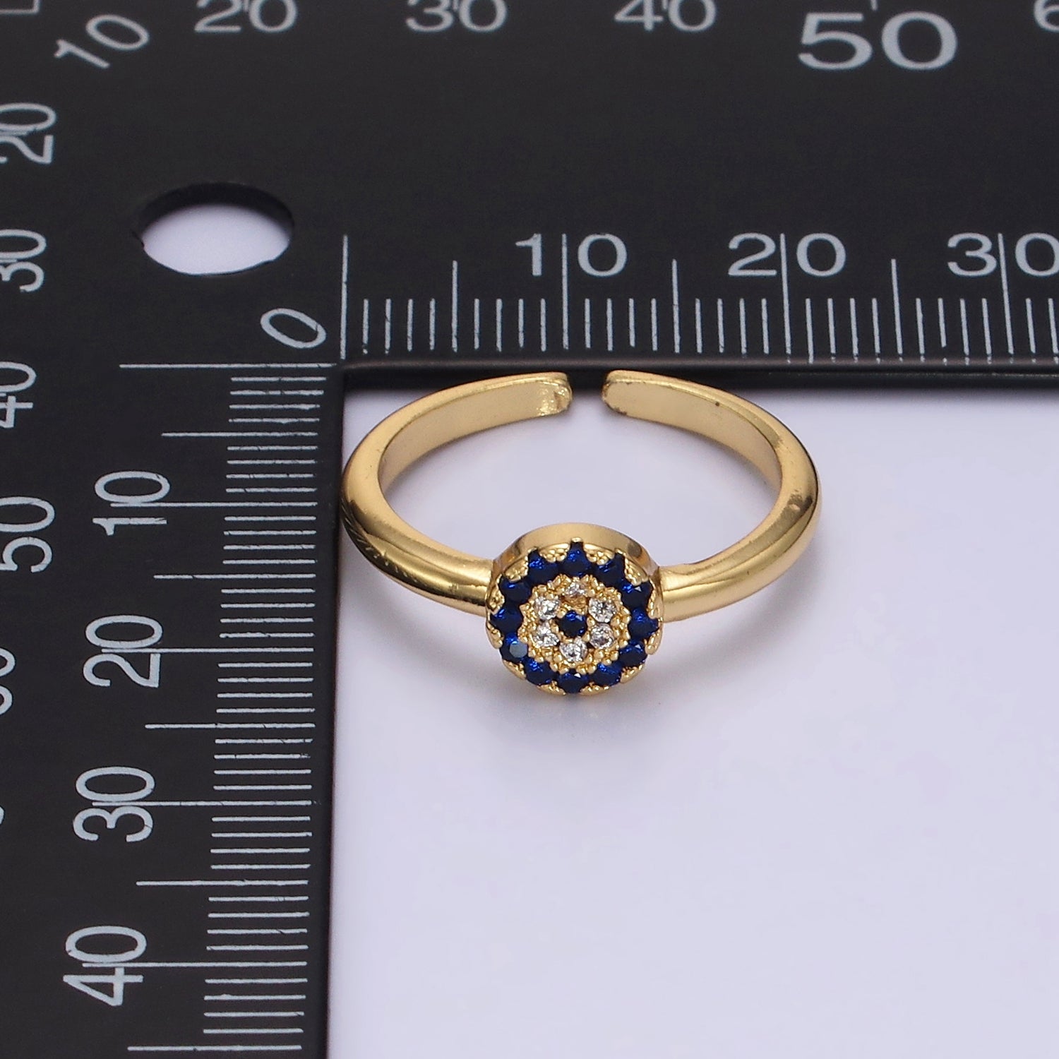 16K Gold Filled Blue Micro Paved CZ Round Evil Eye Ring | O1052 - DLUXCA