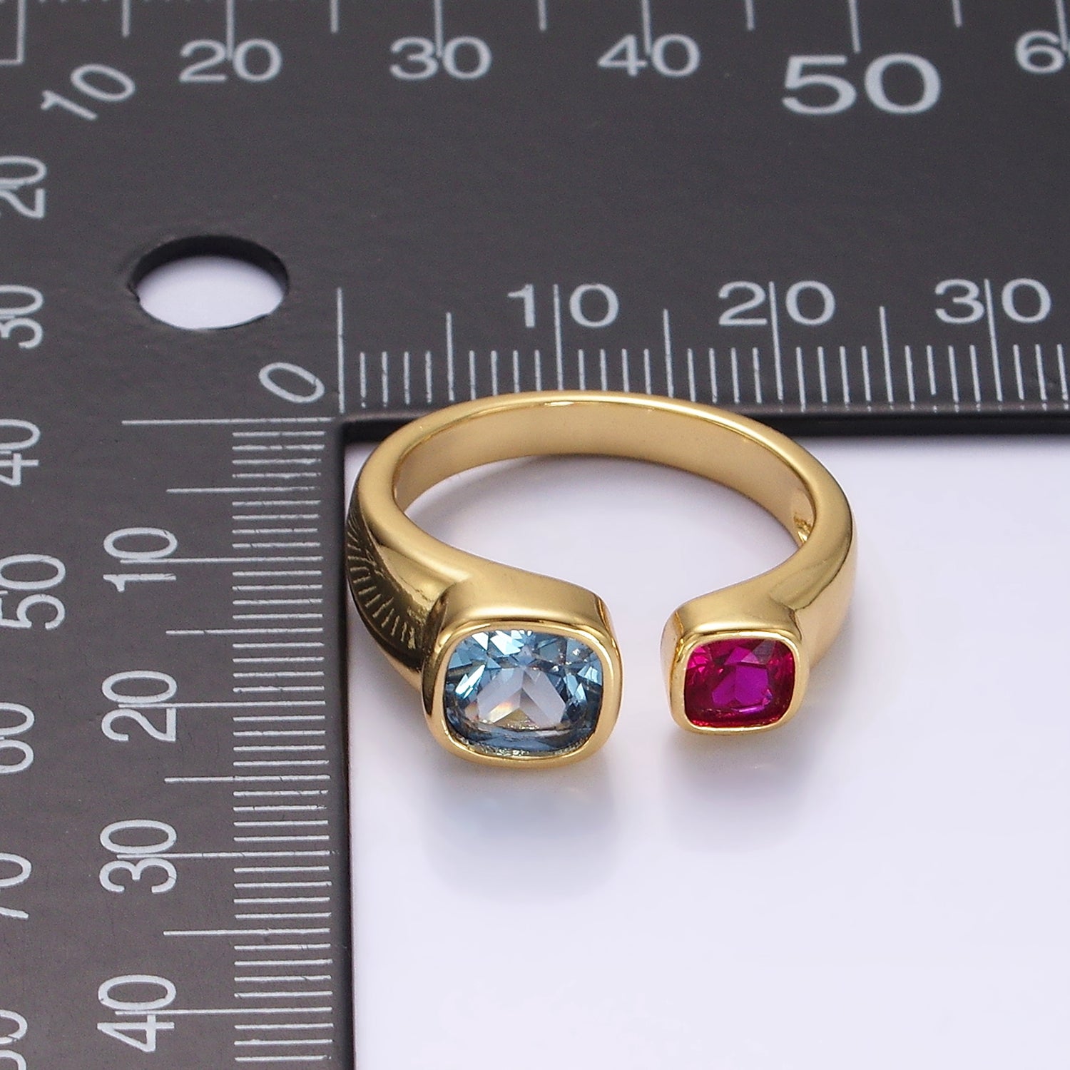 14K Gold Filled Red Blue Square CZ Open Claw Ring | O1059 - DLUXCA