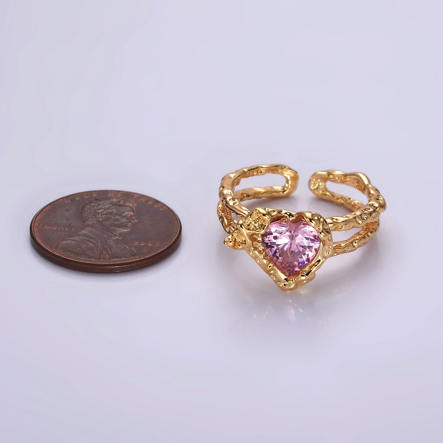 14K Gold Filled Pink CZ Heart Dented Molten Double Band Ring | O1063 - DLUXCA