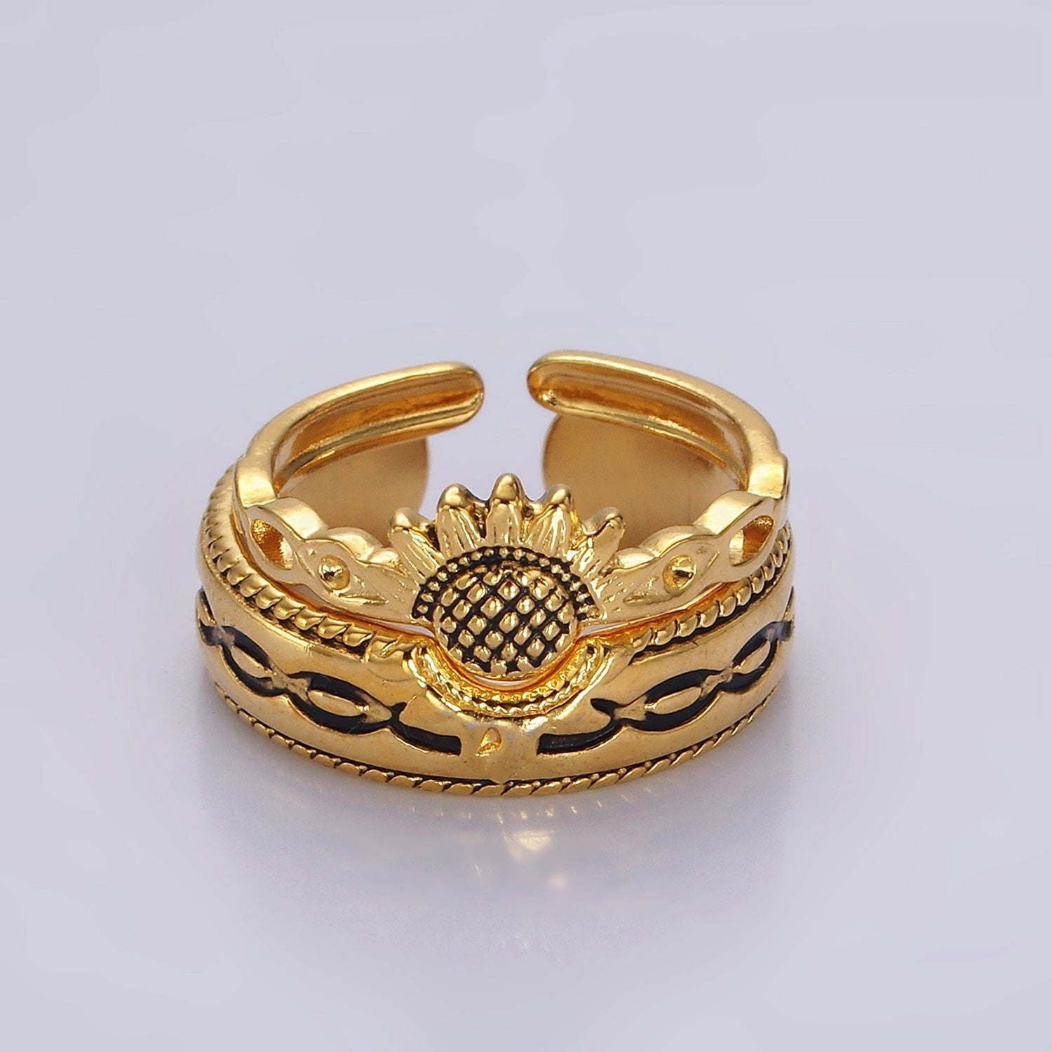 14K Gold Filled Artisan Sunflower Nature Band Ring Set in Silver & Gold | O1064 O1065 - DLUXCA