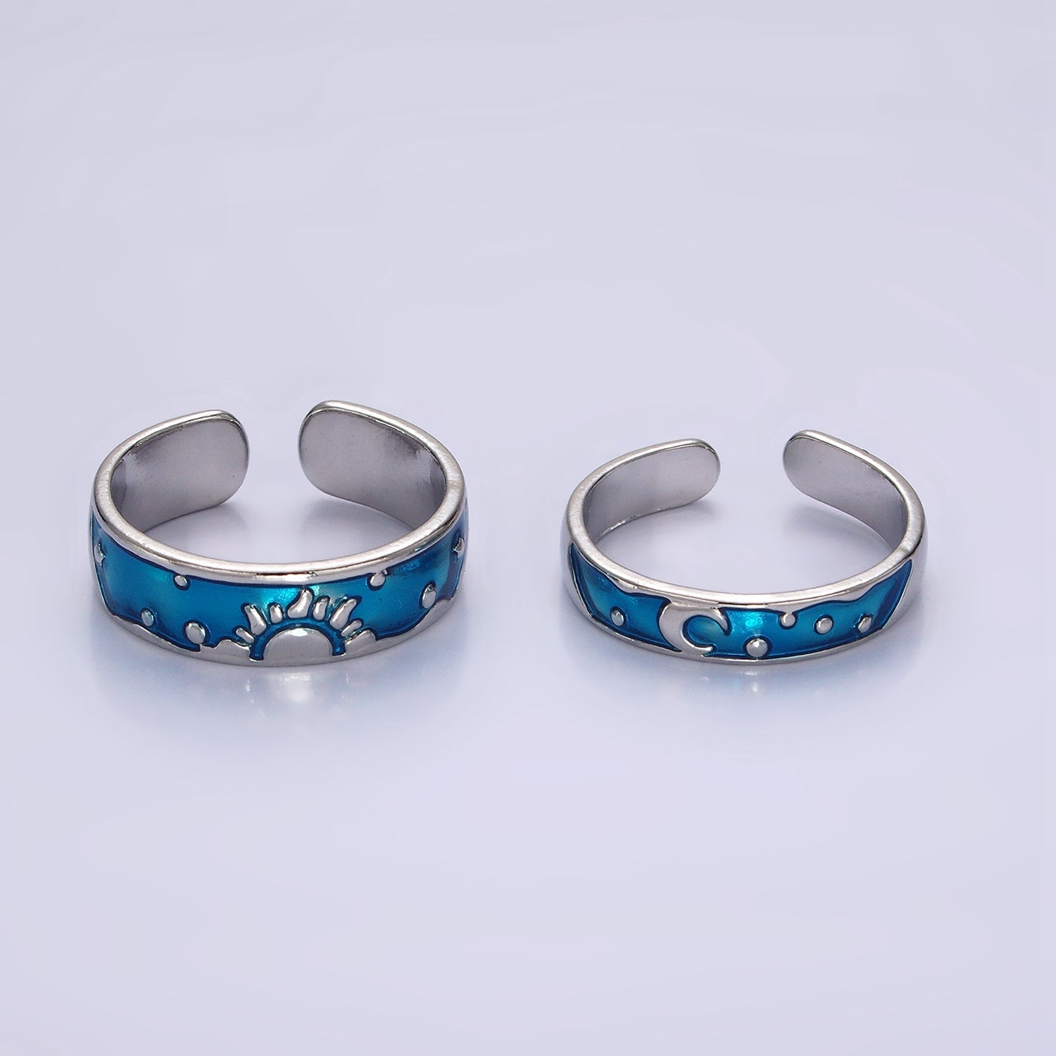 14K Gold Filled Celestial Sun Crescent Moon Blue Band Ring Set in Silver & Gold | O1070 O1071 - DLUXCA