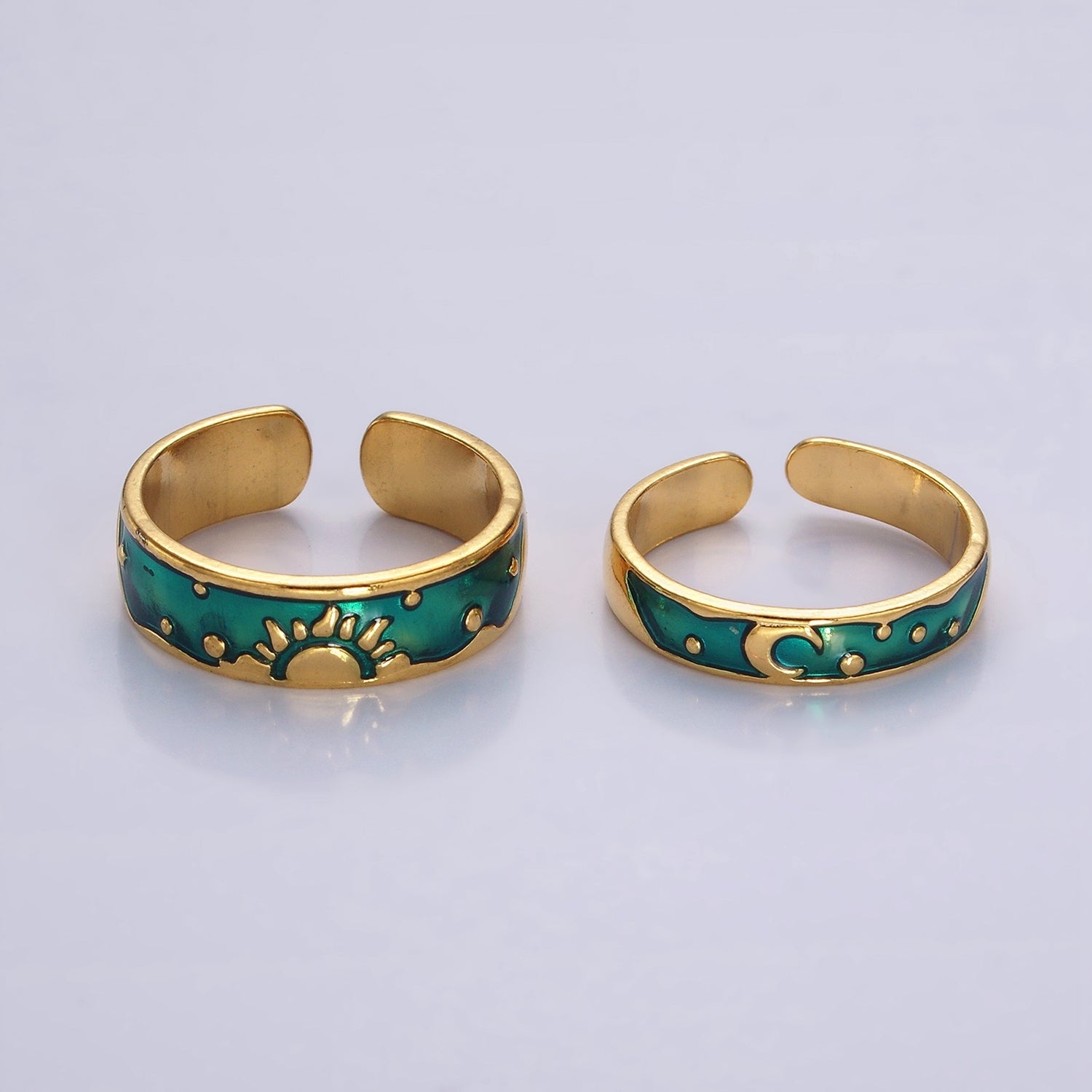 14K Gold Filled Celestial Sun Crescent Moon Blue Band Ring Set in Silver & Gold | O1070 O1071