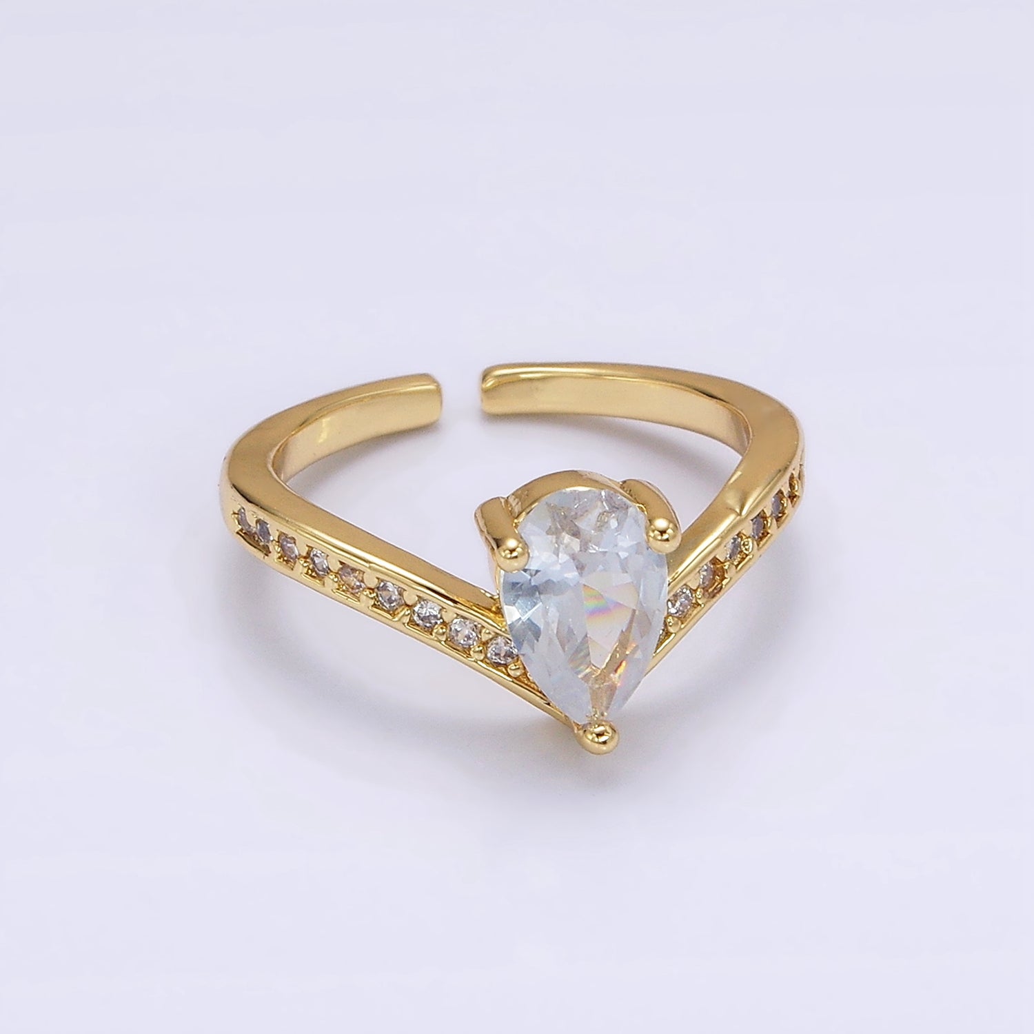 14K Gold Filled Clear, Pink Teardrop CZ Micro Paved Chevron Ring | O1079 O1080 - DLUXCA