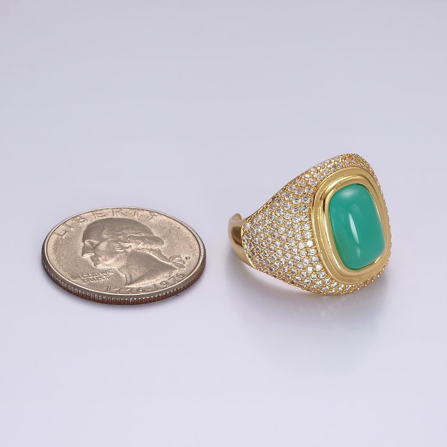 14K Gold Filled Amazonite Clear Micro Paved CZ Wide Signet Ring | O1095 - DLUXCA