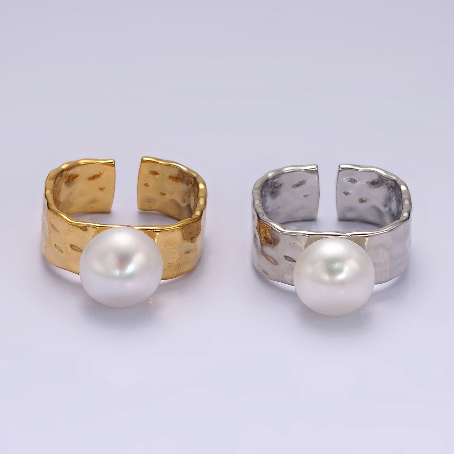 14K Gold Filled White Pearl Hammered Wide Band Ring in Gold & Silver | O1096 O1097 - DLUXCA