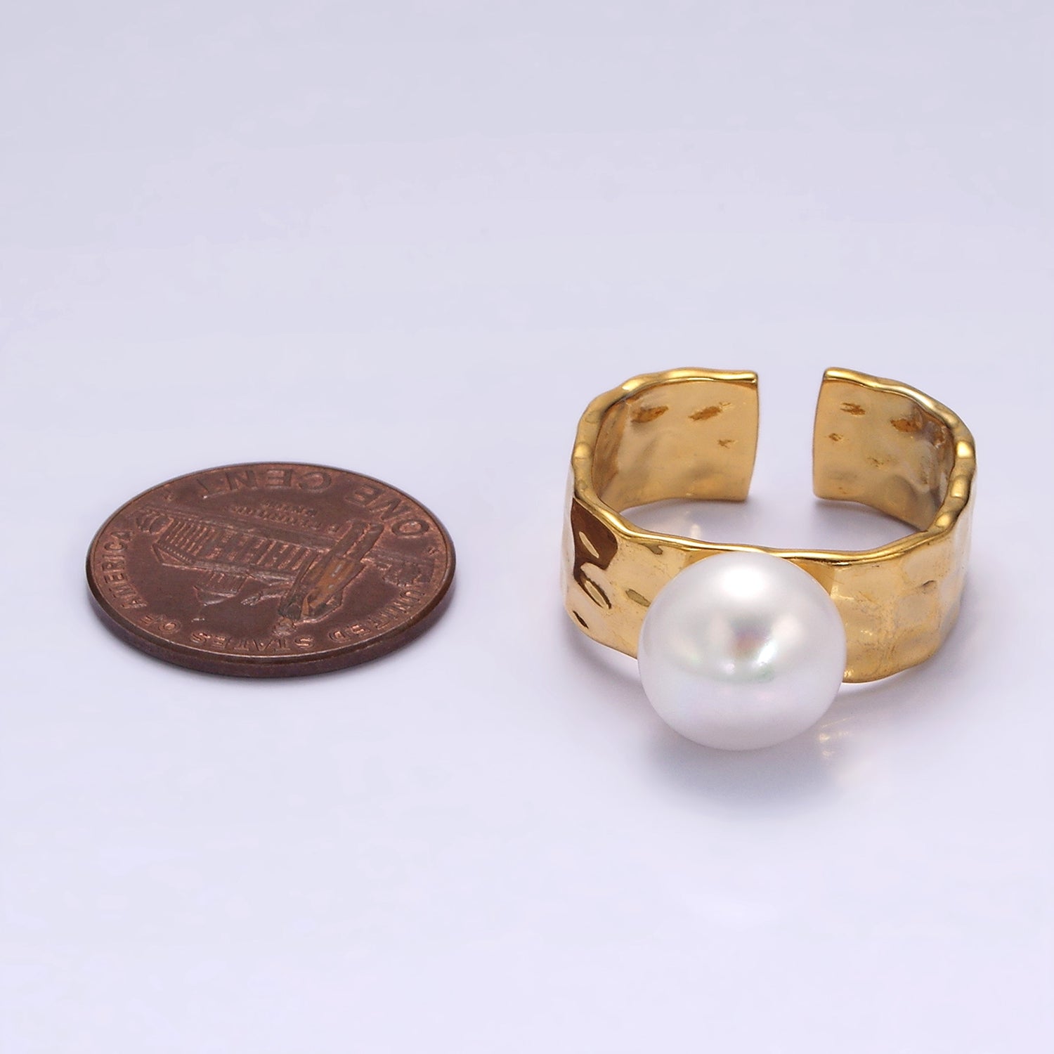 14K Gold Filled White Pearl Hammered Wide Band Ring in Gold & Silver | O1096 O1097 - DLUXCA