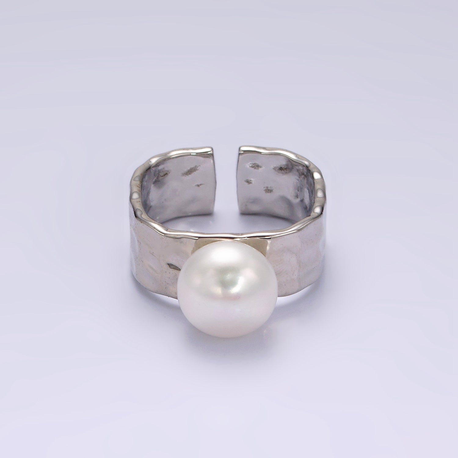 14K Gold Filled White Pearl Hammered Wide Band Ring in Gold & Silver | O1096 O1097 - DLUXCA