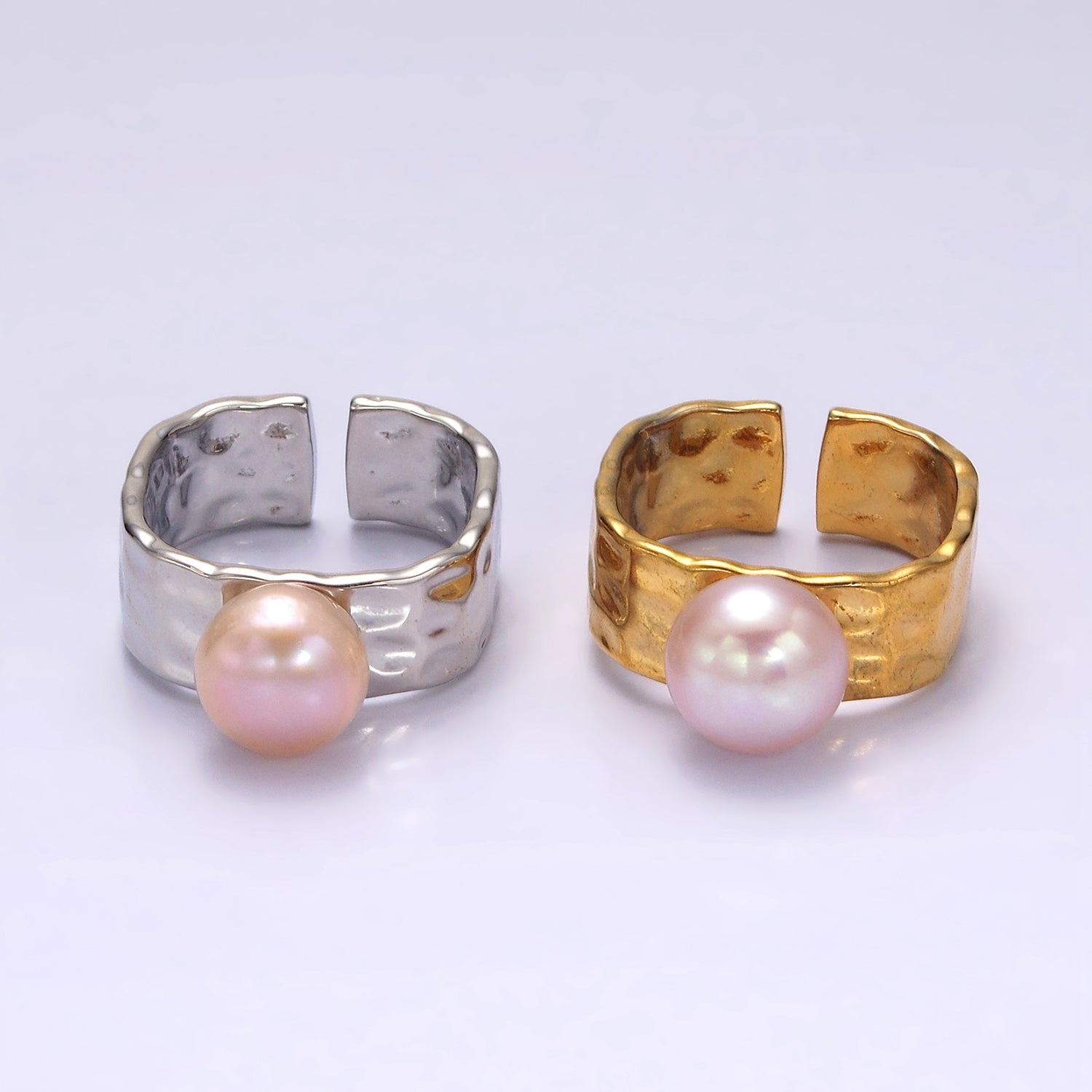 14K Gold Filled Pink Pearl Hammered Wide Band Ring in Gold & Silver | O1098 O1099 - DLUXCA