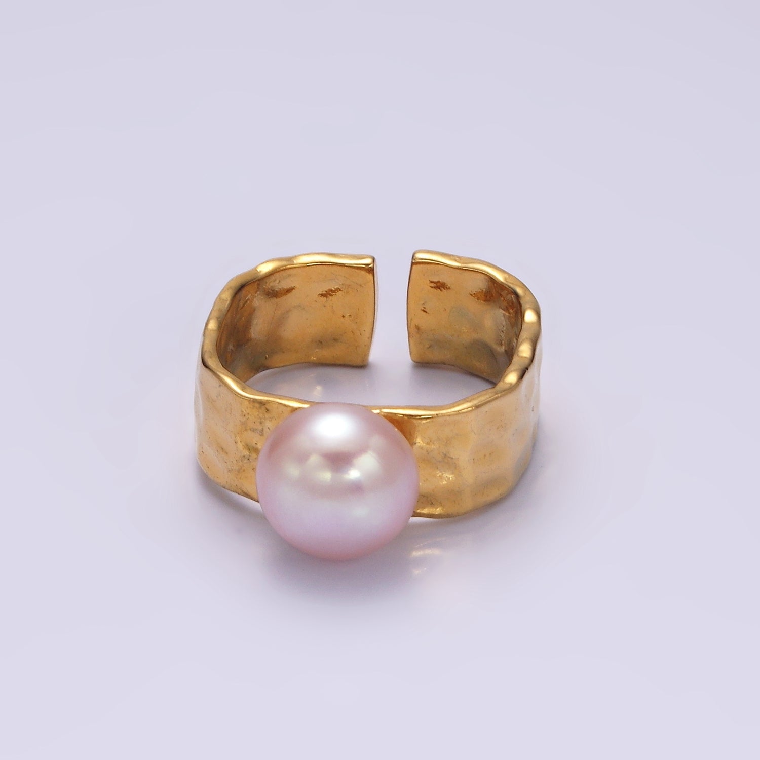 14K Gold Filled Pink Pearl Hammered Wide Band Ring in Gold & Silver | O1098 O1099 - DLUXCA