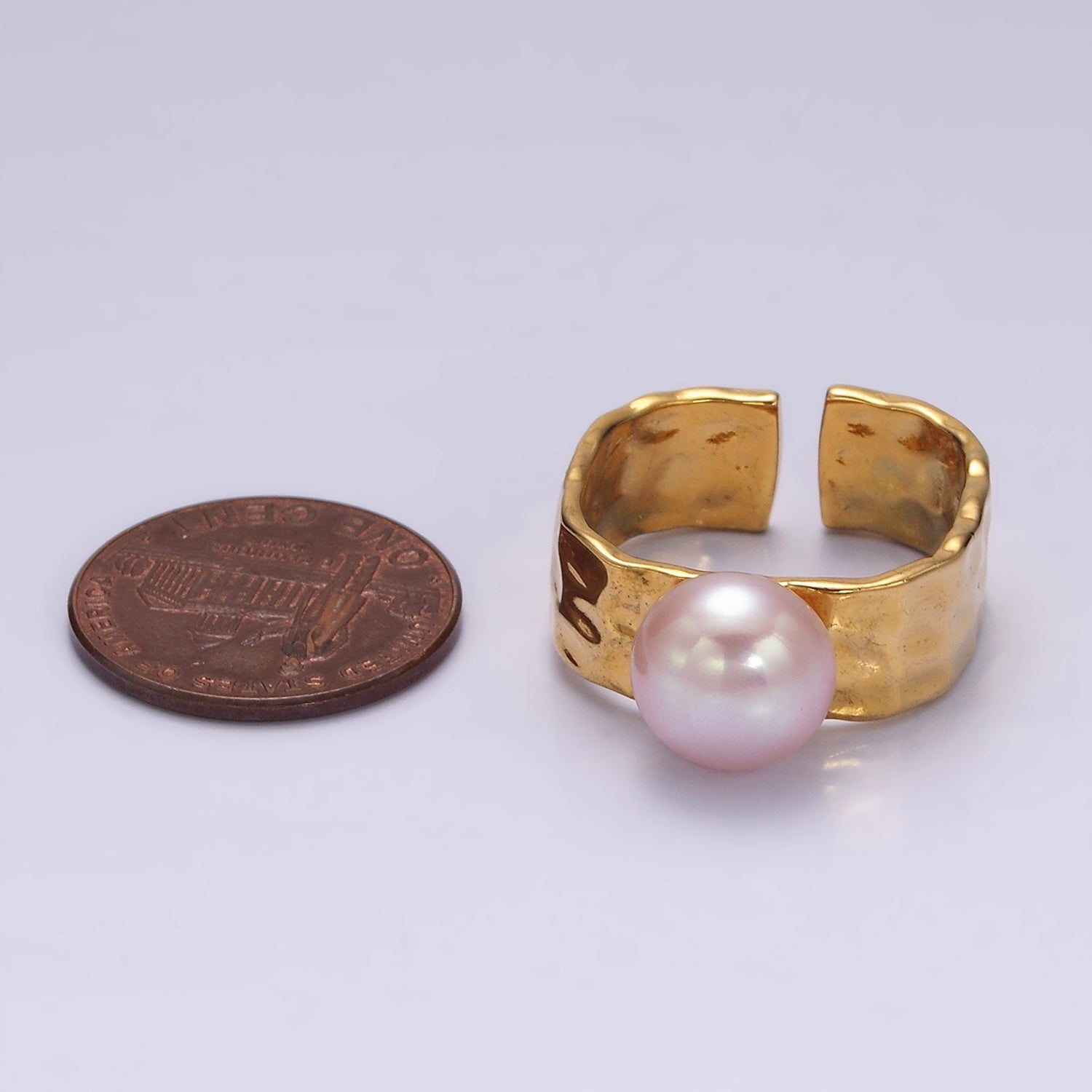 14K Gold Filled Pink Pearl Hammered Wide Band Ring in Gold & Silver | O1098 O1099 - DLUXCA