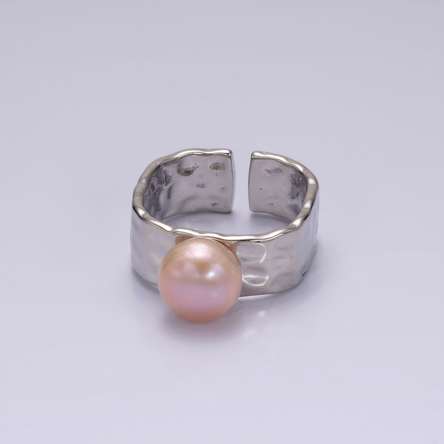 14K Gold Filled Pink Pearl Hammered Wide Band Ring in Gold & Silver | O1098 O1099