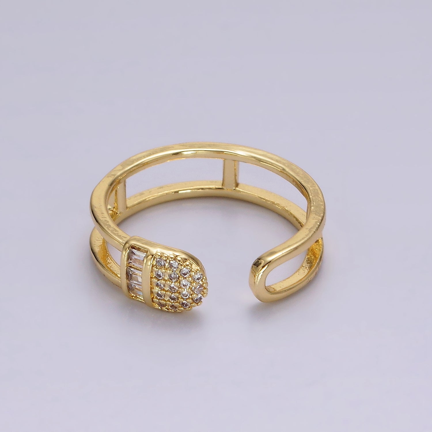 14K Gold Filled Clear Baguette Micro Paved CZ Rounded Wrap Open Double Band Ring | O1165 - DLUXCA