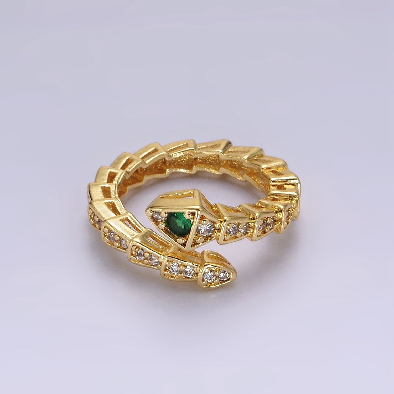 14K Gold Filled Green Micro Paved CZ Snake Serpent Animal Wrap Ring | O1168 - DLUXCA