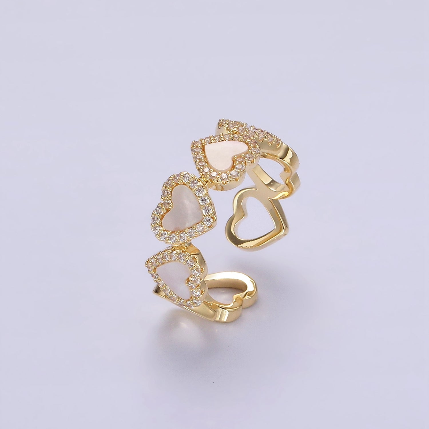 14K Gold Plated Shell Pearl Micro Paved CZ Heart Lined Ring in Gold & Silver | O1184 O1185