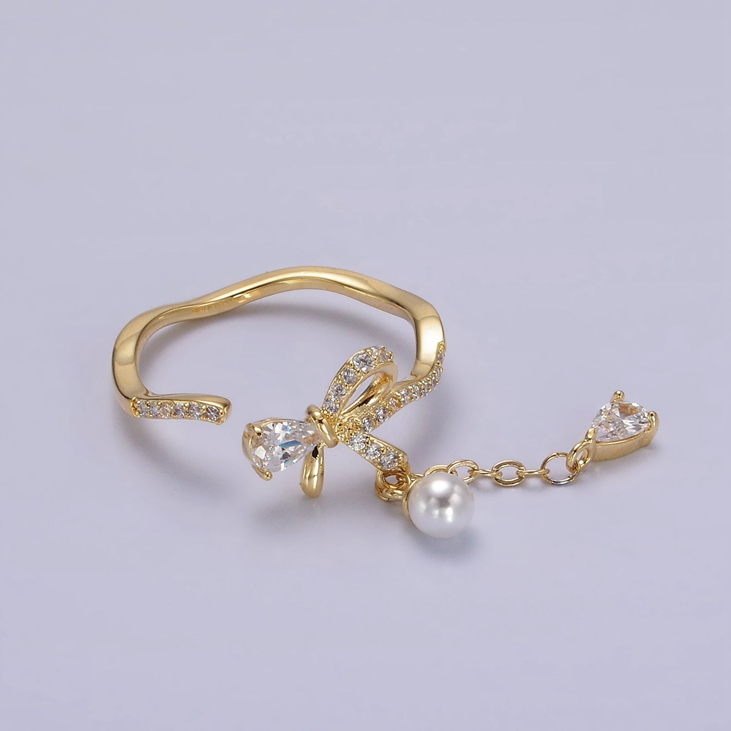 14K Gold Filled Ribbon Bow Micro Paved CZ Teardrop Pearl Drop Ring | O1187 - DLUXCA