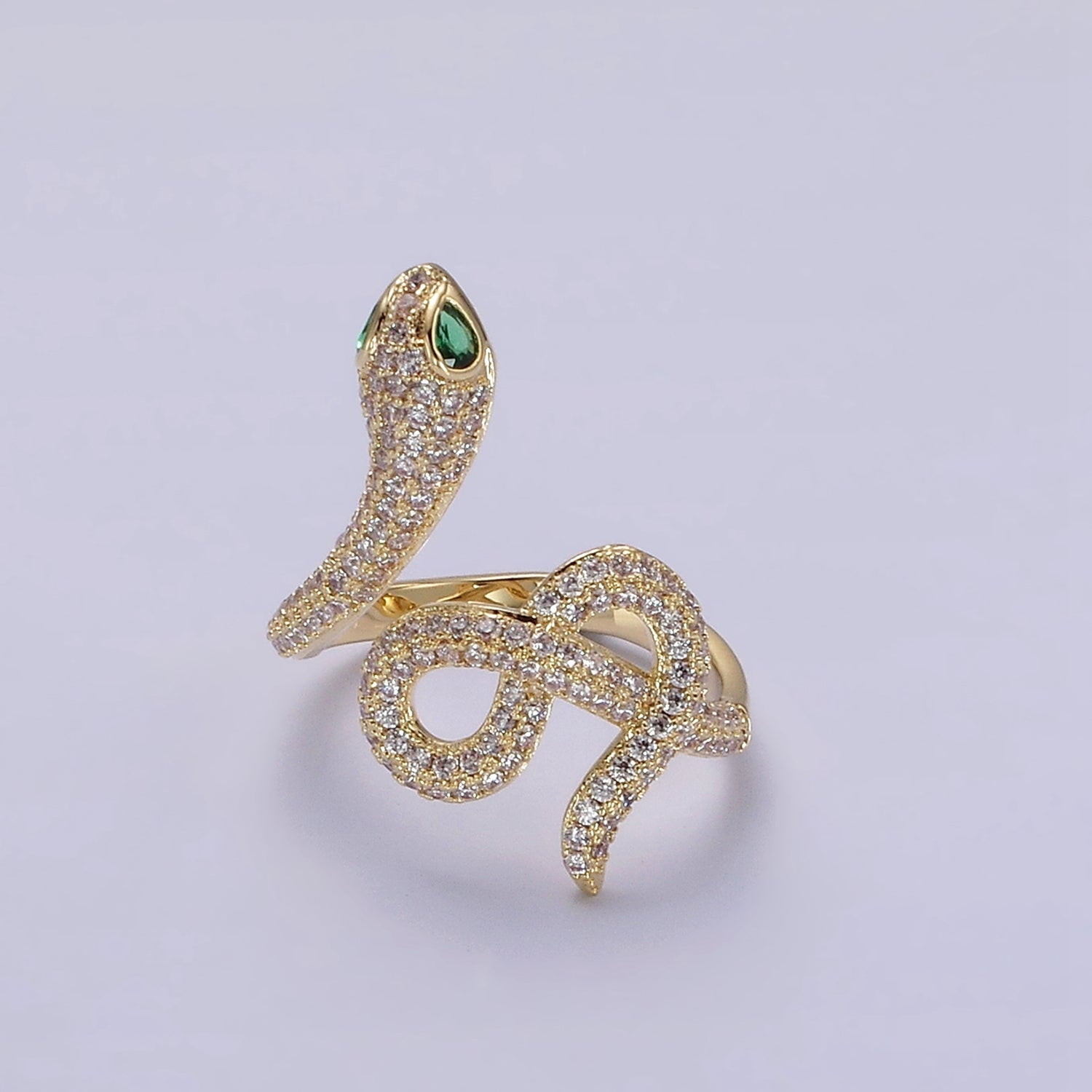 Gold Plated Green Eyed CZ Micro Paved Snake Serpent Ring | O1189