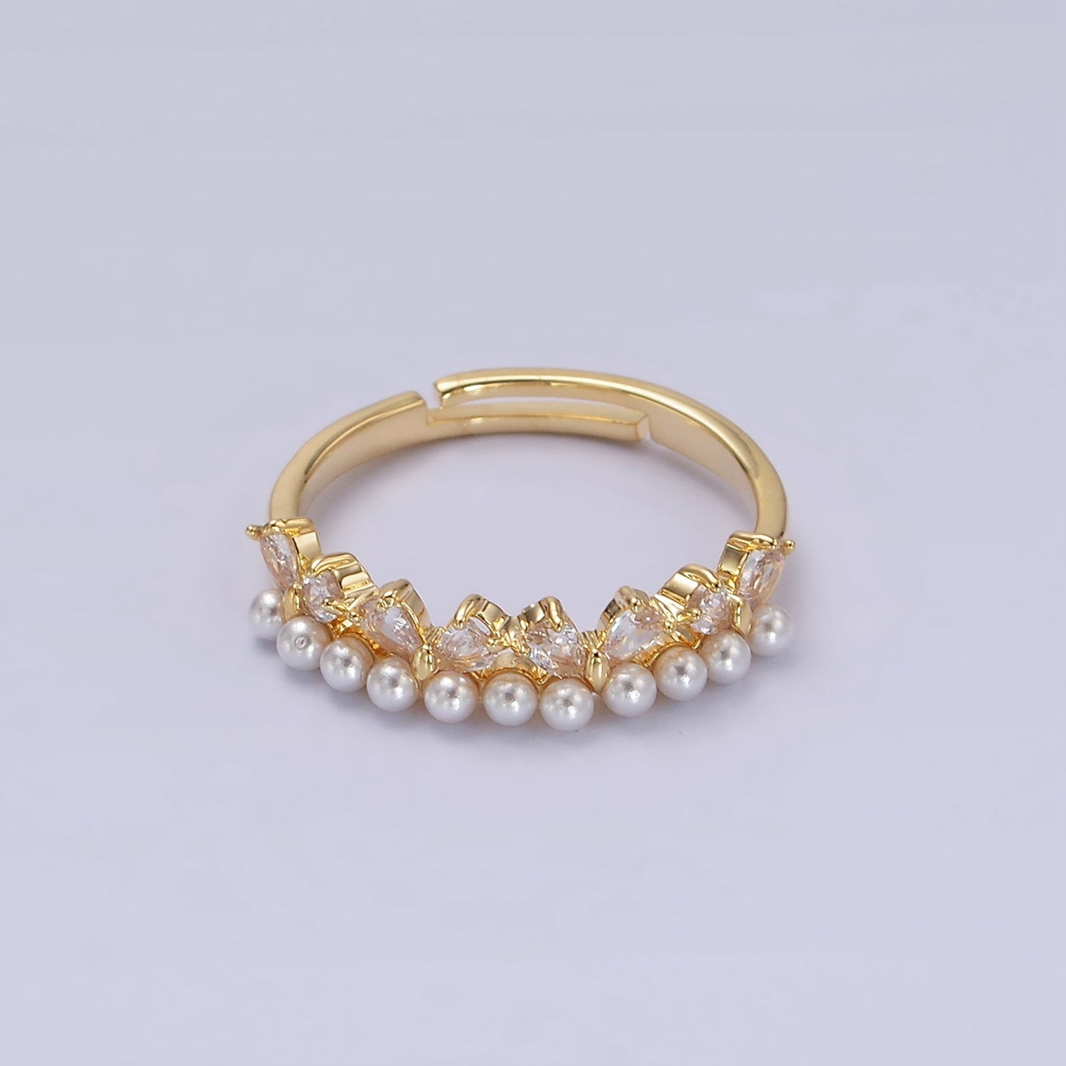 14K Gold Plated Pearl Clear CZ Teardrop Lined Adjustable Ring | O1190