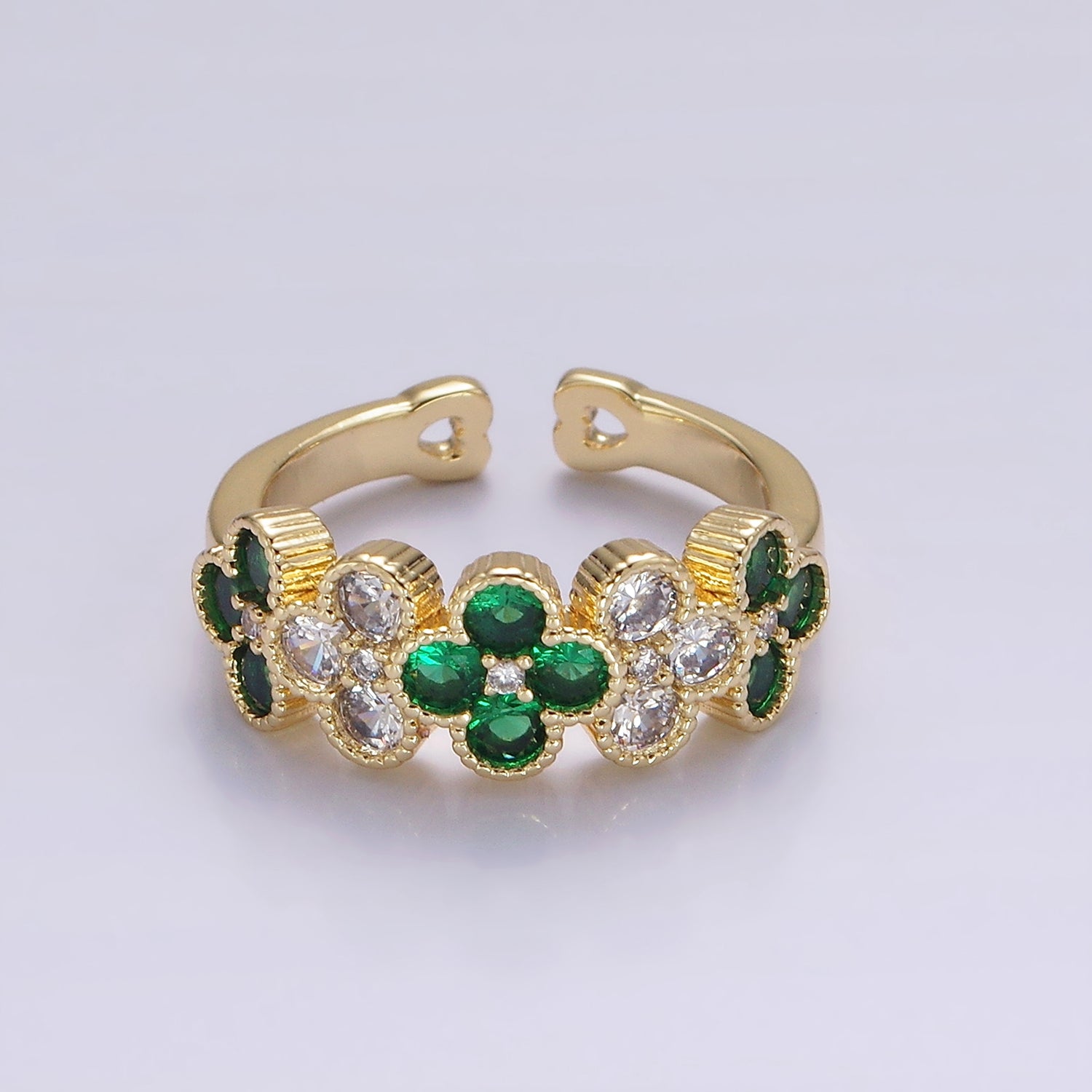 14K Gold Filled Green CZ Quatrefoil Lined Ring | O1213