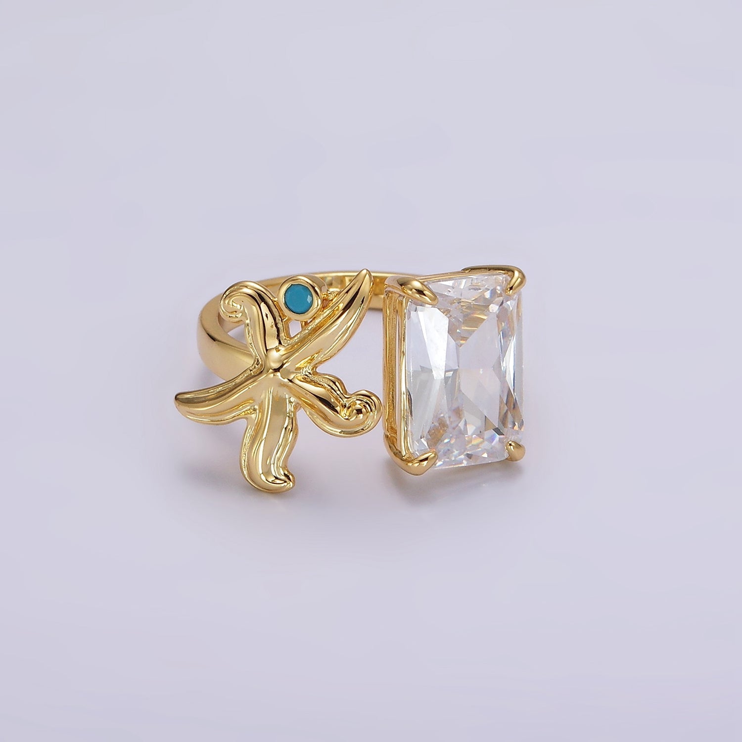 24K Gold Filled Starfish Turquoise Clear Baguette CZ Open Claw Ring | O1238